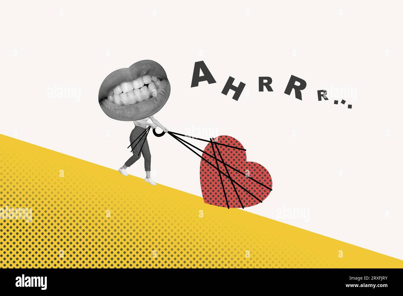 Kreative Composite-Fotocollage von kopflosen Frauenmünden, die vom Kopf gezogen werden, versuchen, die Ehe isoliert auf gemaltem Hintergrund zu retten Stockfoto