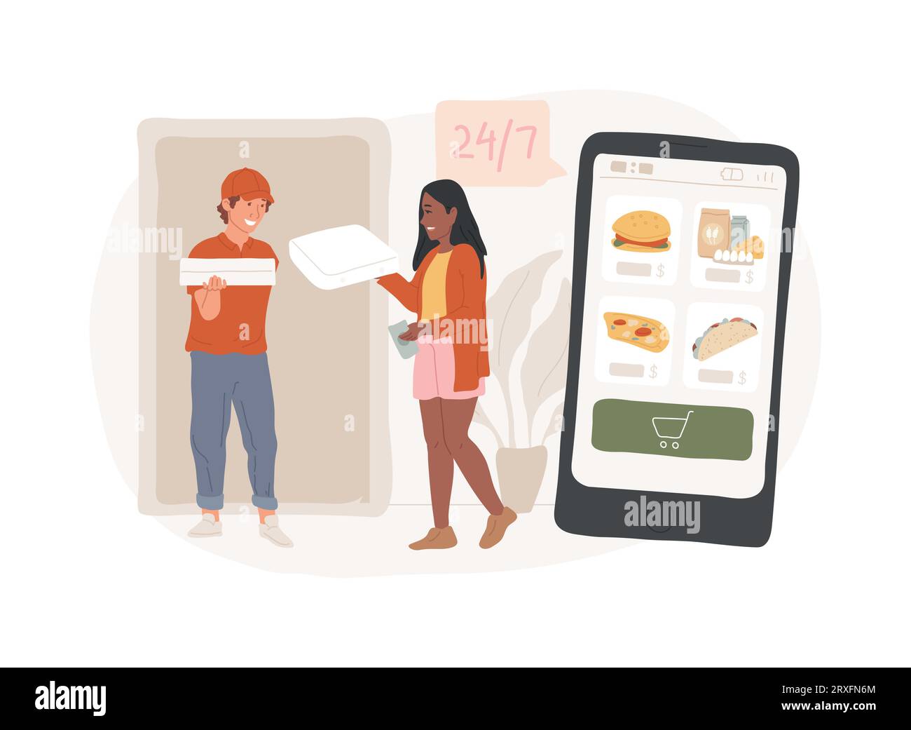 Food Delivery Service isolierte Konzeptvektorillustration. Online-Lebensmittelbestellung, 24-für-7-Service, Pizza und Sushi Online-Menü, Zahlungsoptionen, kontaktlose Lieferung, Download App Vektor Konzept. Stock Vektor