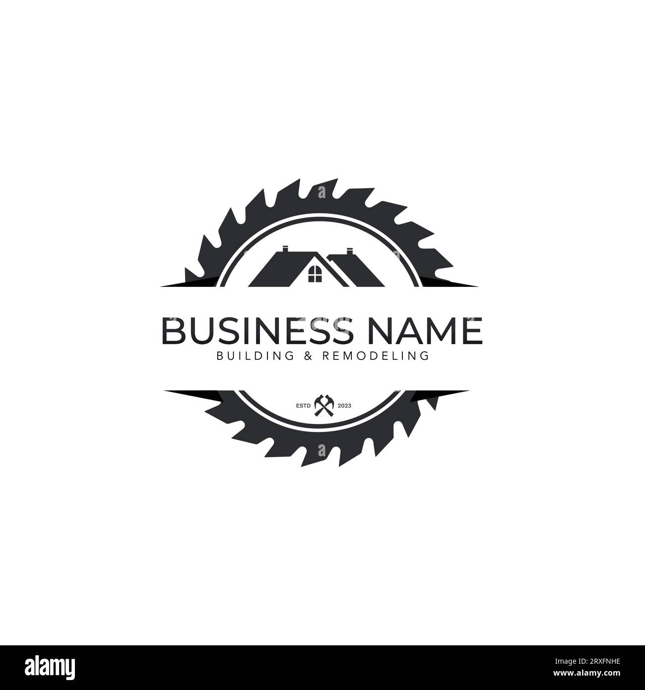 Hausbauer reparieren Umbau Logo Design Vektor-Bild. Kreissägeblatt zum Schneiden von Holz und Haus Logo Design. Kombiniertes Vektordesign. Nachteile Stock Vektor