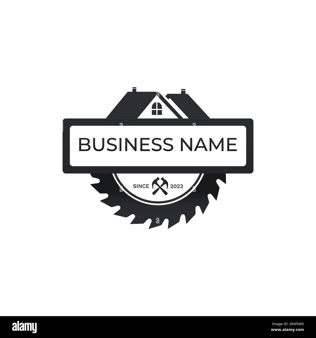 Hausbauer reparieren Umbau Logo Design Vektor-Bild. Kreissägeblatt zum Schneiden von Holz und Haus Logo Design. Kombiniertes Vektordesign. Nachteile Stock Vektor