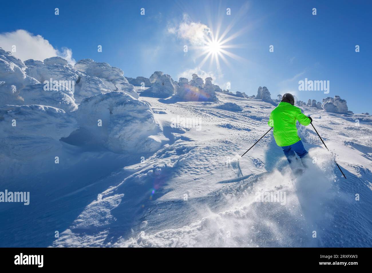 Skifahren Sie bergab in hohen Bergen gegen den märchenhaften Winterwald. Stockfoto