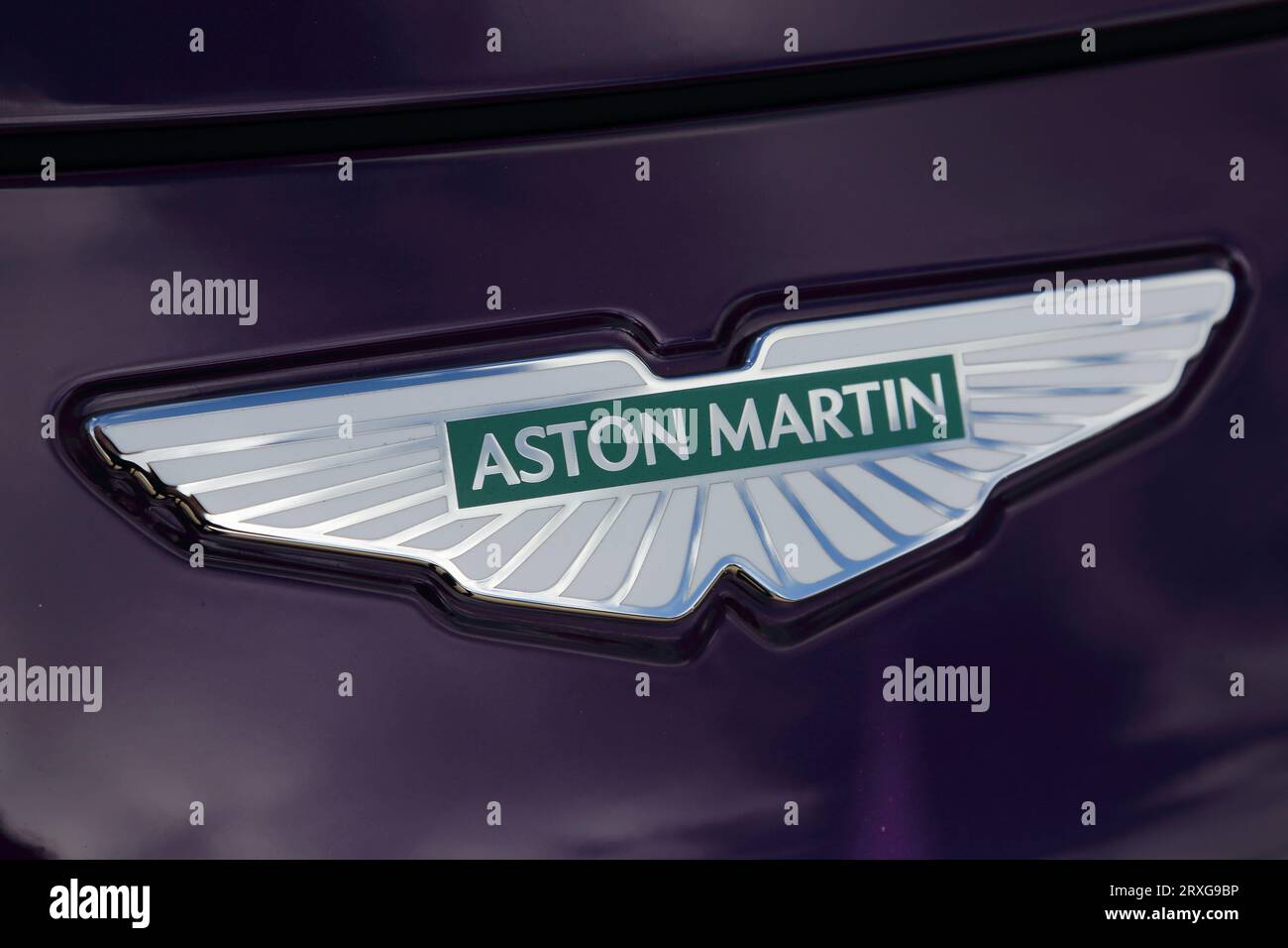 Abzeichen eines Aston Martin Sports Carat auf dem jährlichen Treffen für Klassiker, Sport und Supersportwagen im Stonor Park in Oxfordshire, Großbritannien Stockfoto