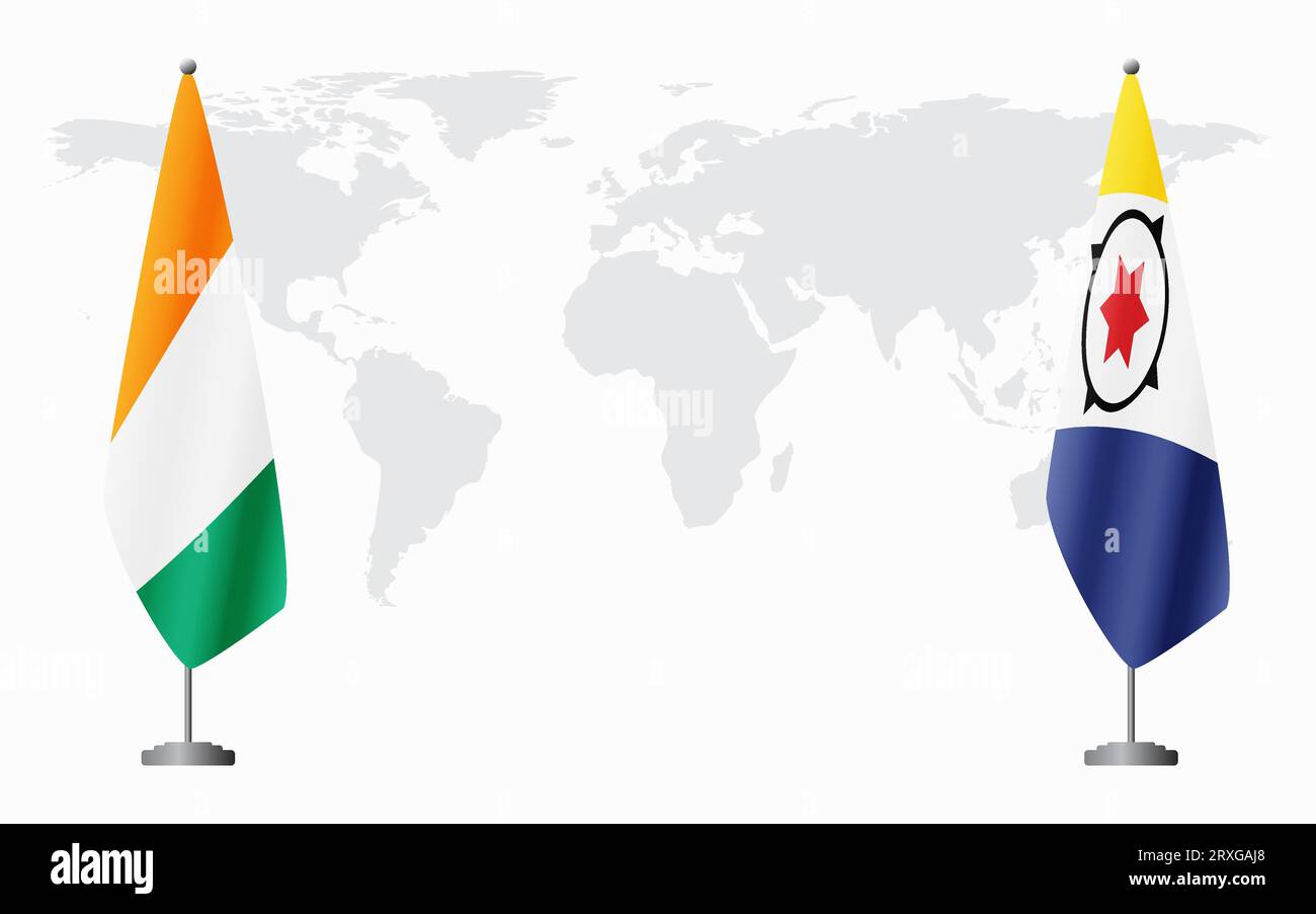 Elfenbeinküste und Bonaire Flaggen für offizielles Treffen vor dem Hintergrund der Weltkarte. Stock Vektor