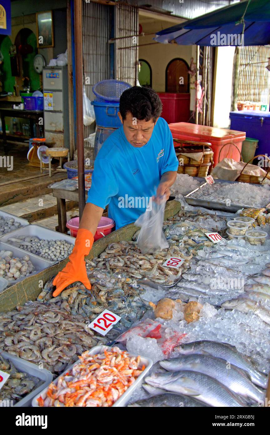 Marktstand mit Fisch und Meeresfrüchten, Pat Chong Markt, Thailand, Marktstand mit Fisch und Meeresfrüchten, Pat Chong Markt, Thailand Stockfoto