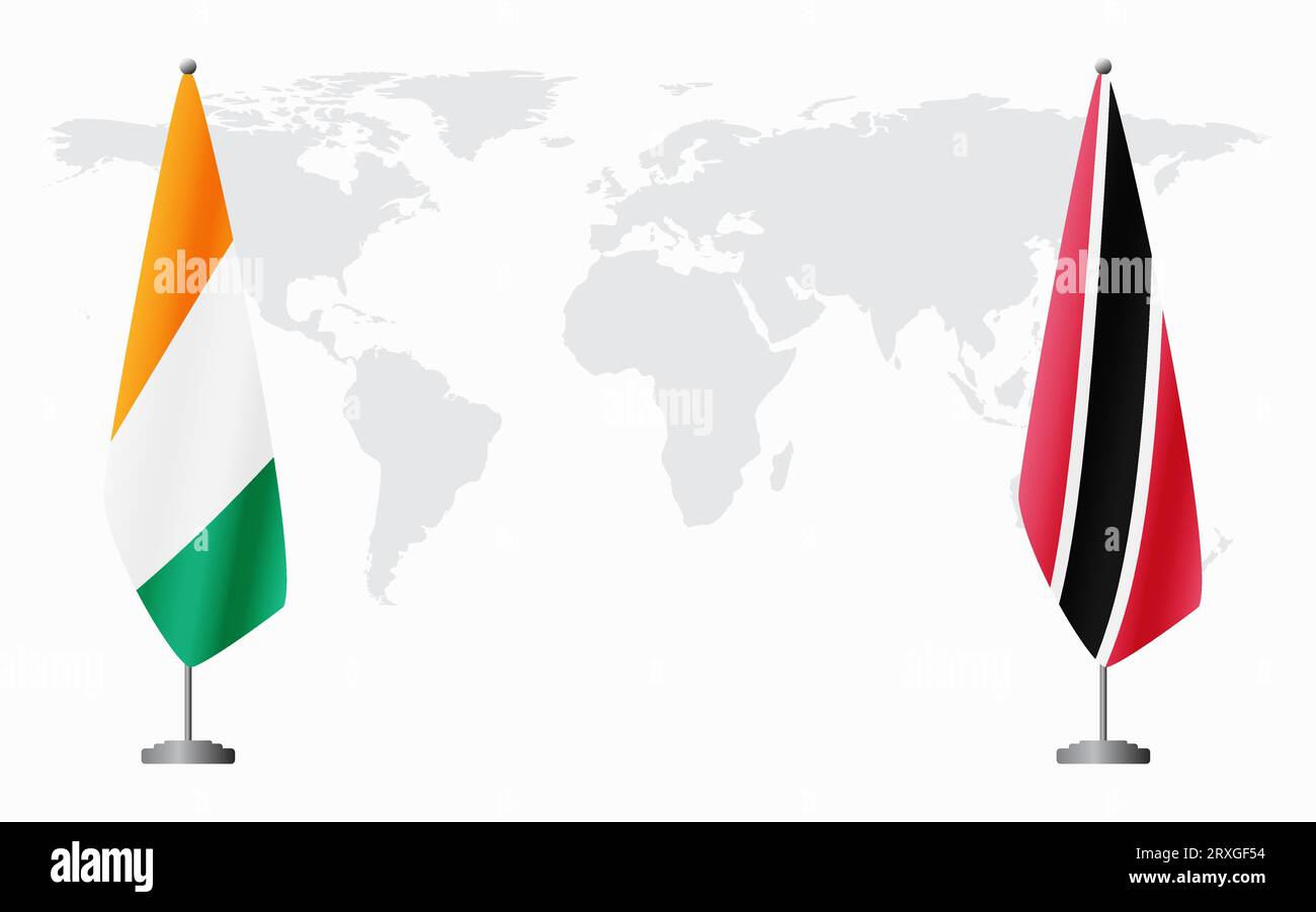 Elfenbeinküste und Trinidad und Tobago Flaggen für offizielle Treffen vor dem Hintergrund der Weltkarte. Stock Vektor
