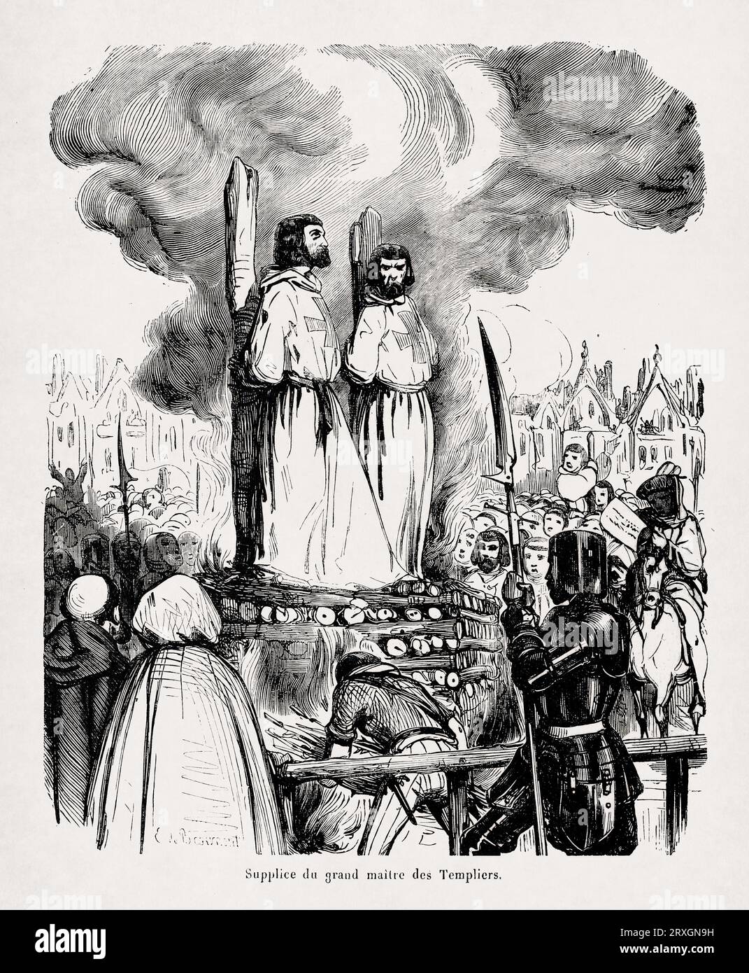 Illustration mit dem Titel „The Folter of the Grand Master of the templars“, produziert von Edouard de Beaumont und veröffentlicht 1863 für The Dictionnaire inf Stockfoto