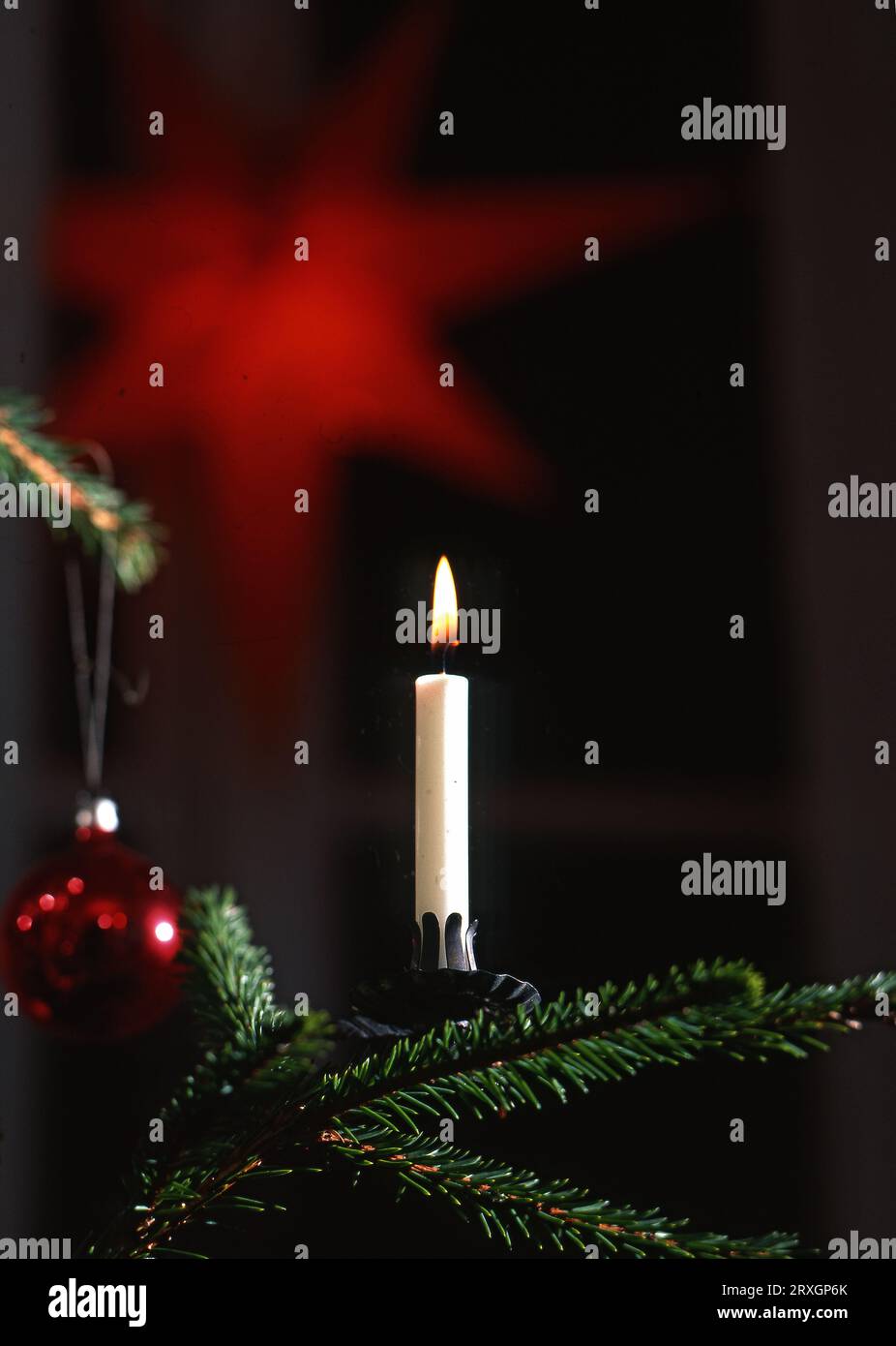 Kerzenlicht im weihnachtsbaum mit Stern im Hintergrund Stockfoto