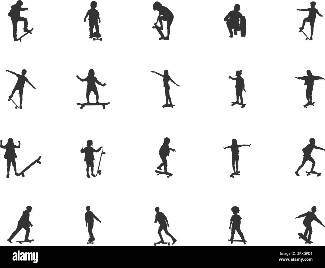 Kinder Skateboarding Silhouette, Skate Silhouette, Skateboard Silhouetten, Skateboard Vektor, Kinder Skateboarding Silhouetten, Skateboarding-Paket Stock Vektor