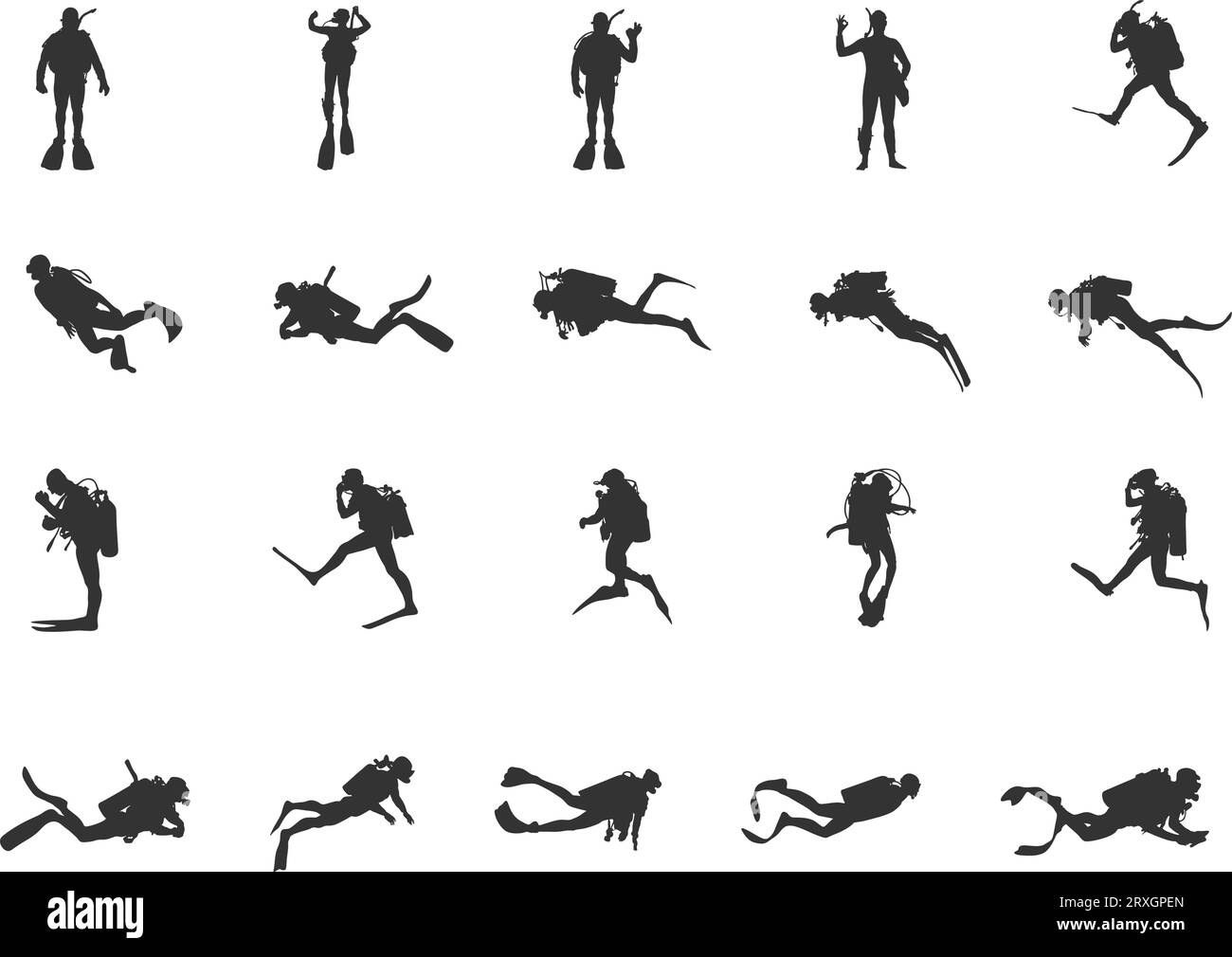 Scuba Diving Silhouetten, Diver Silhouette, Scuba Diving Vector, Scuba Diver, Free Diving Silhouette, Sporttauchen SVG Stock Vektor