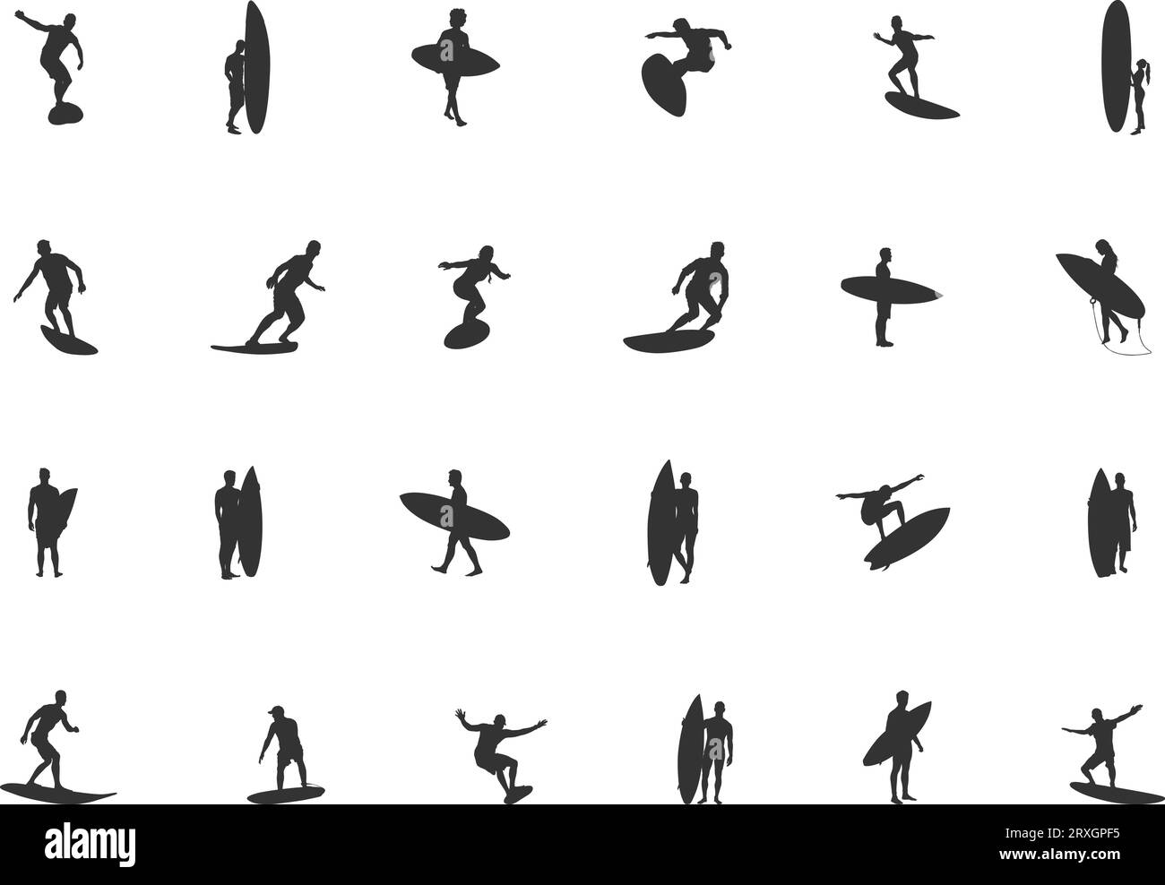 Surfsilhouette, Surfsilhouette, Surfsilhouette, Surfvektor, Surfer Svg, Frauen, die Silhouette surfen, Surfboarding-Vektor-Silhouetten -V01. Stock Vektor