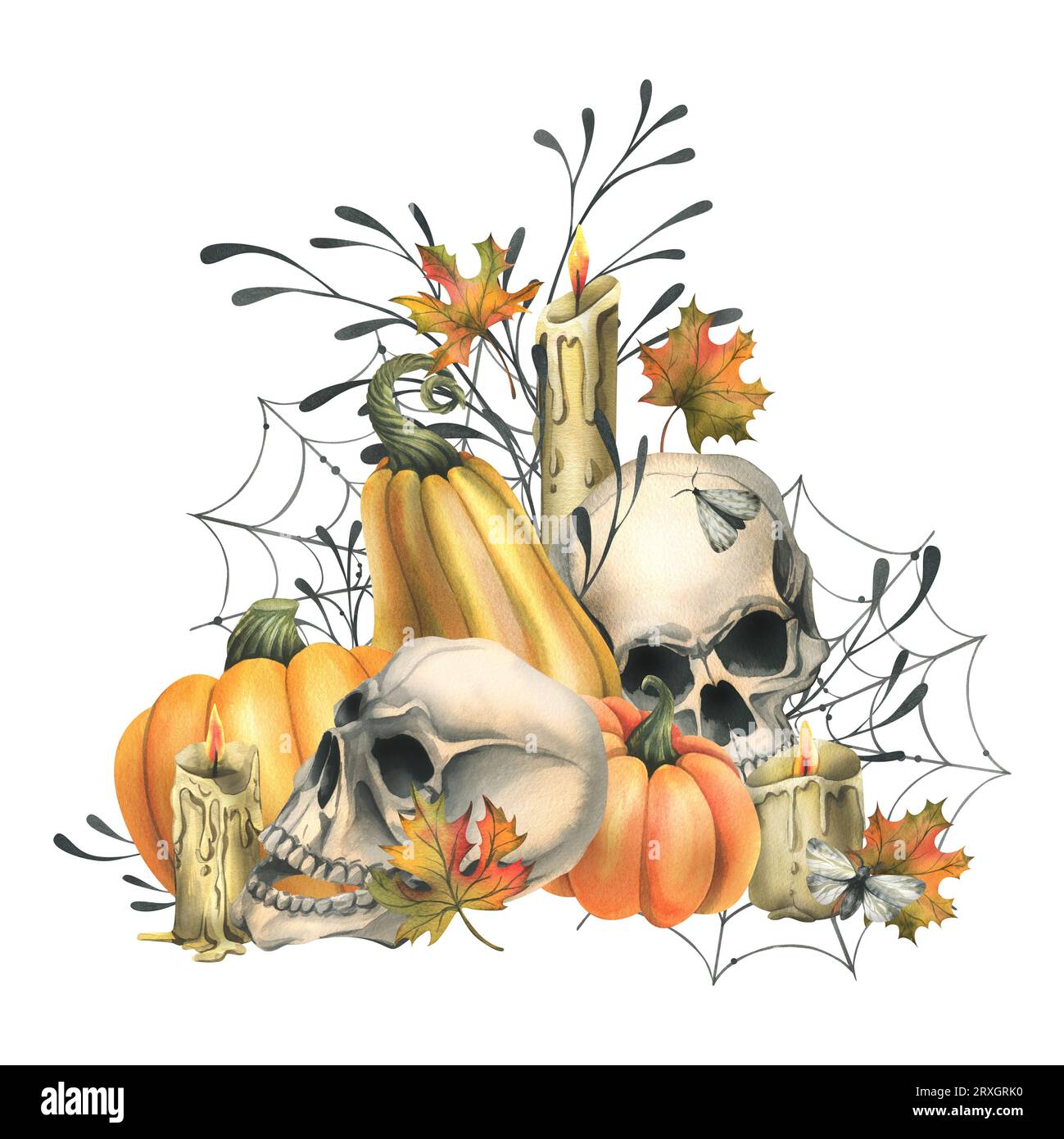 Menschliche Schädel mit orangen Kürbissen, Kerzen, Nachtfalter, Spinnweben und Herbstblättern. Handgezeichnete Aquarellillustration für Halloween und Day of the Stockfoto