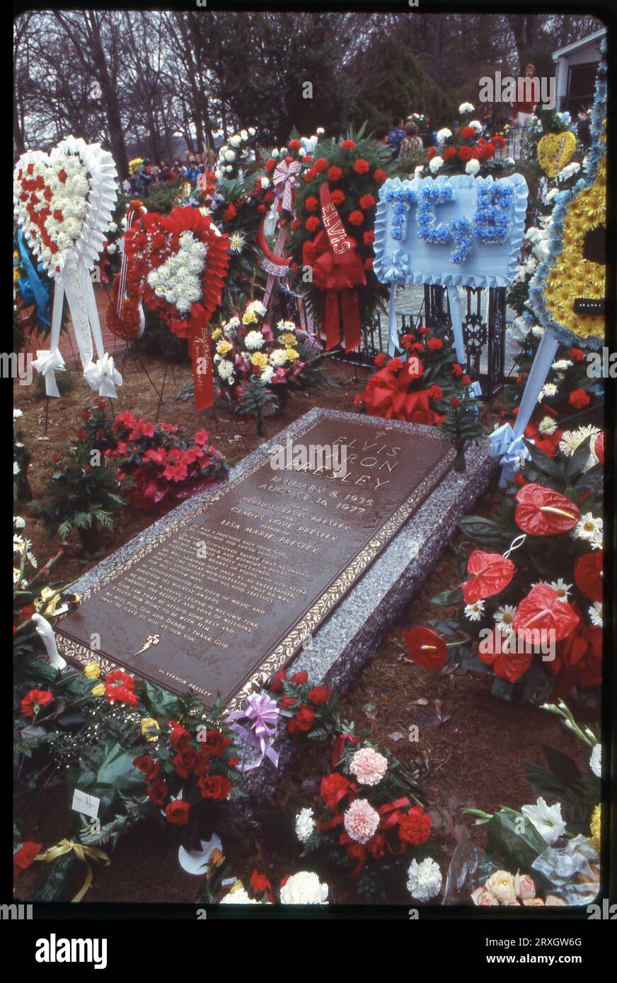 Elvis erster Geburtstag nach seinem Tod. In Graceland, Elvis' Herrenhaus in Memphis, am 8. Januar 1978 an einem nebligen Tag. Stockfoto