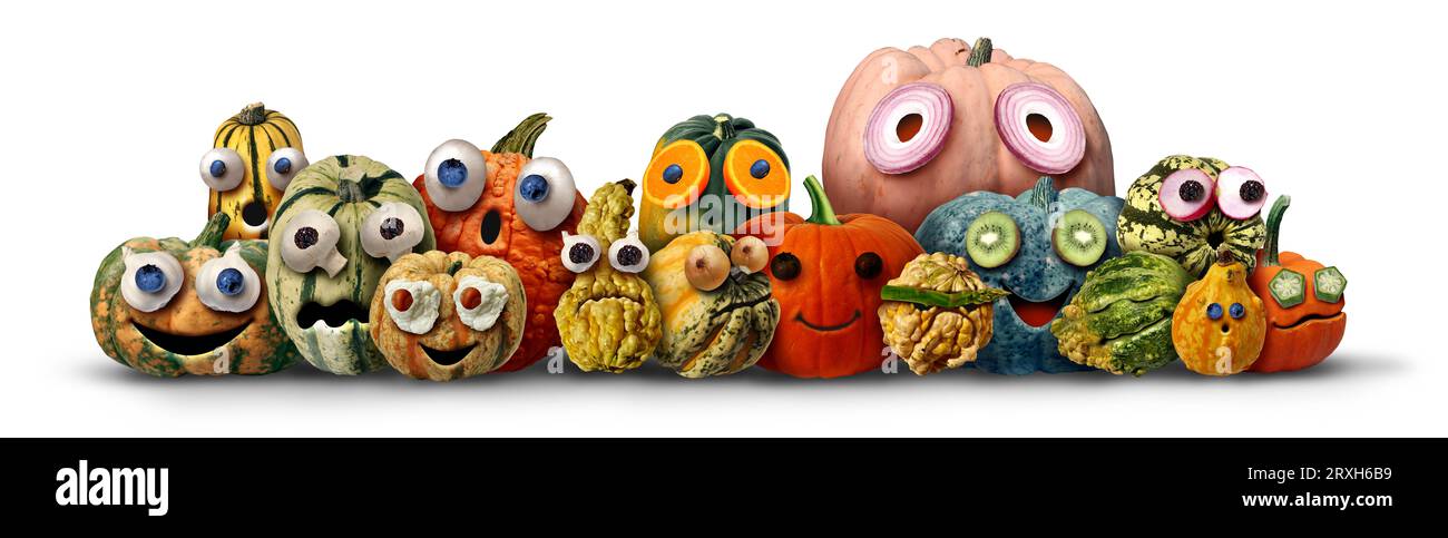 Lustige saisonale Gourd-Gruppe als Kürbis und eine Gruppe von Kürbissen, die mit dummen Gesichtern dekoriert sind, als lustiges kulinarisches Kunsthandwerk oder kreative Herbstskulpturen. Stockfoto