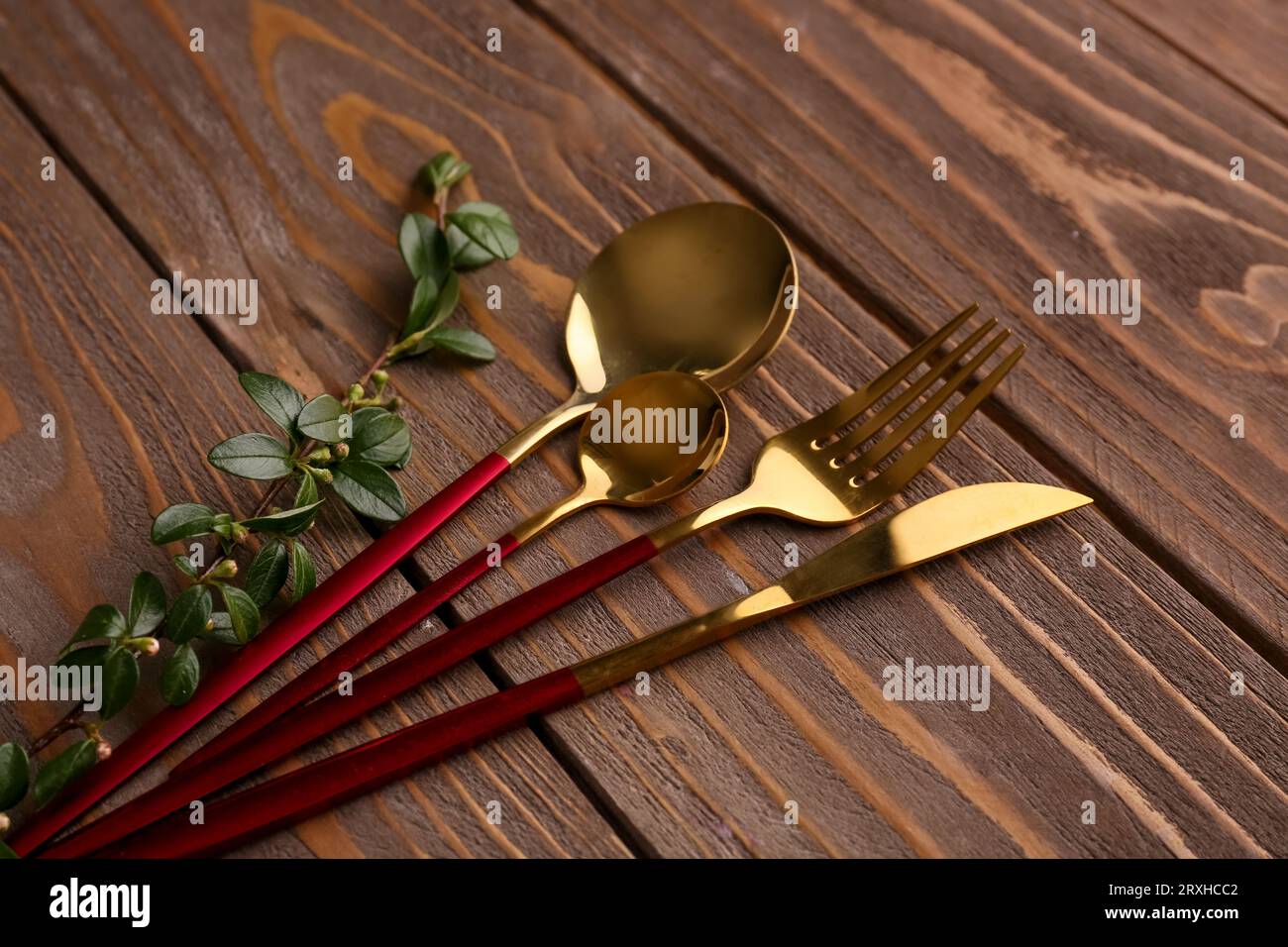 Goldenes Besteck mit rotem Griff und Kokosasterzweig auf Holzhintergrund Stockfoto