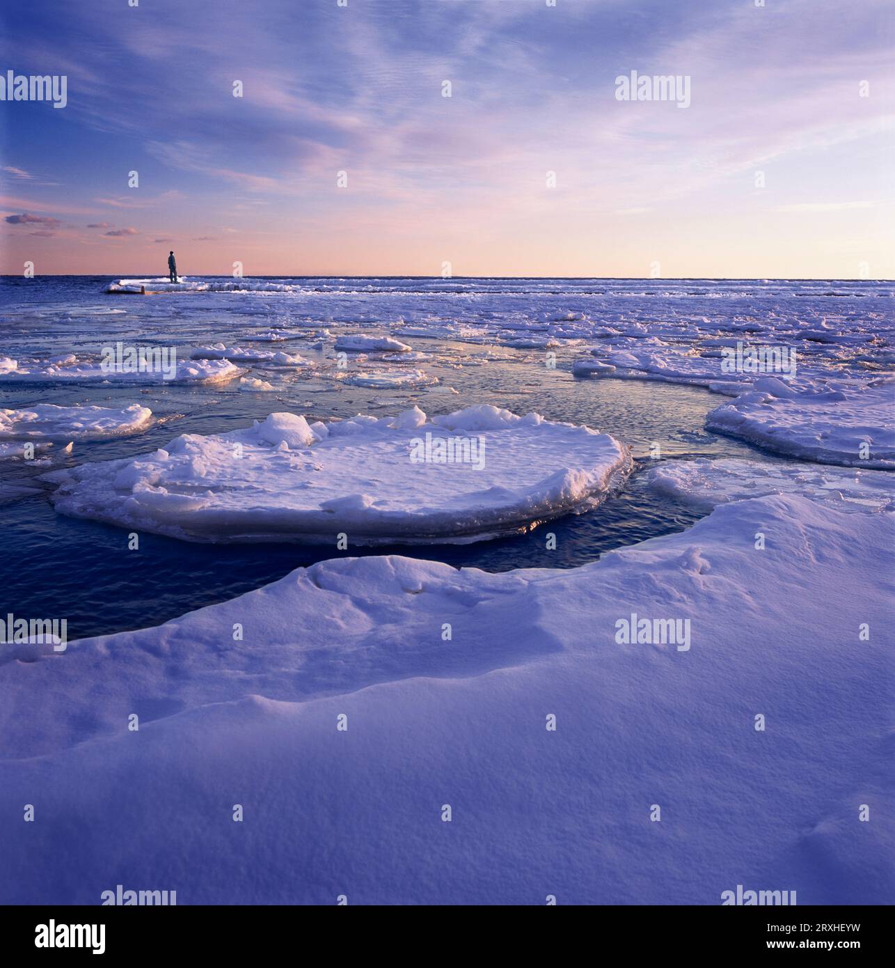 Die Person steht am Rande einer Eisformation im Ozean und blickt auf die weite Meereslandschaft und den Horizont Stockfoto