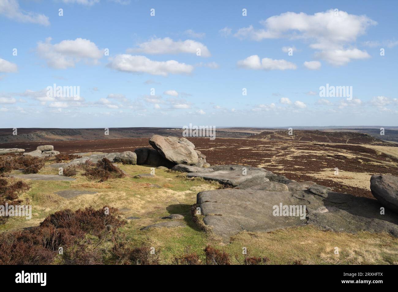 Blick auf die sanften Hügel des Bezirks Derbyshire Peak von Stanage Edge, England, Großbritannien, englischer Nationalpark, britische Landschaft Stockfoto