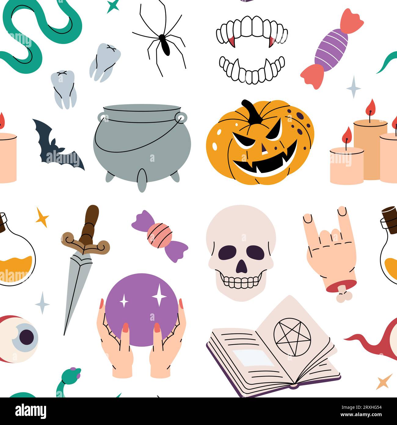 Halloween-Muster. Gruseliges, nahtloses Weihnachtsbanner. Alles Gute Zu Halloween. Giftflasche, Zaubertopf, Kristallkugel, altes Grab, Sarg, bat. Trick oder Belohnung. Stock Vektor