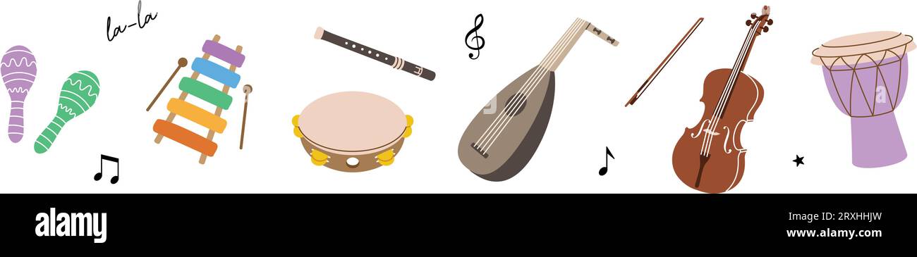 Set mit Musikinstrumenten. Laute, Violine, Bandura, Akustikgitarre, E-Bass-Gitarre, amerikanisches Banjo, Schlagzeug, Leier, Harfe, Flügel. Stock Vektor