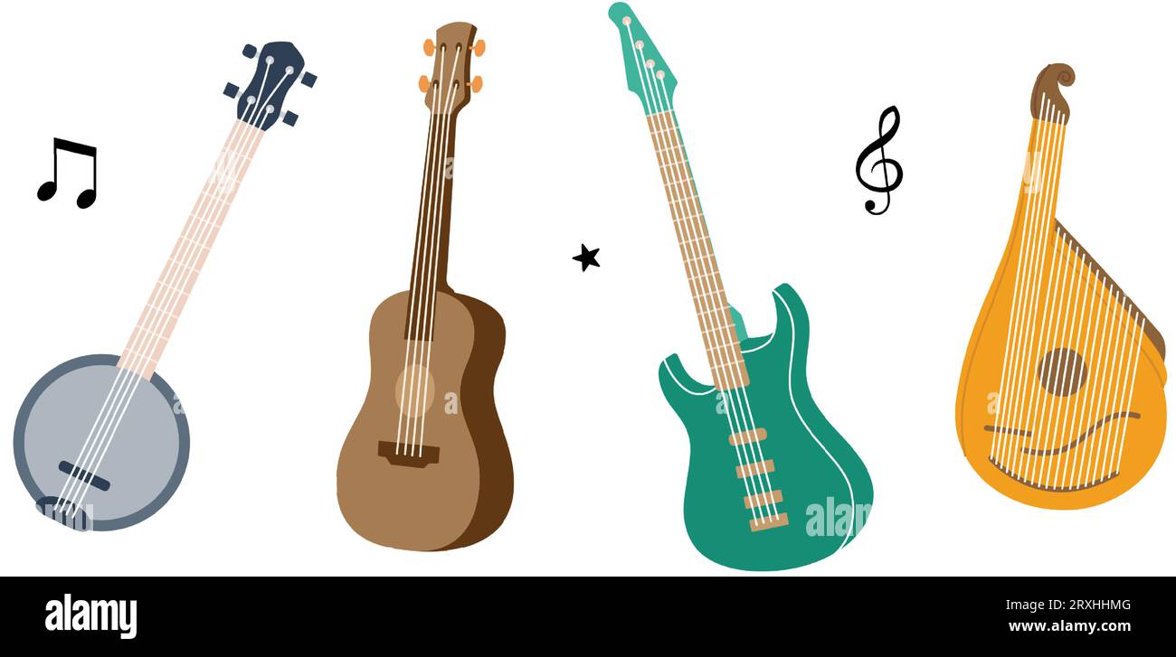 Streichinstrumente. Laute, Violine, Bandura, Akustikgitarre, E-Bass-Gitarre, amerikanisches Banjo. Vektorillustration. Stock Vektor