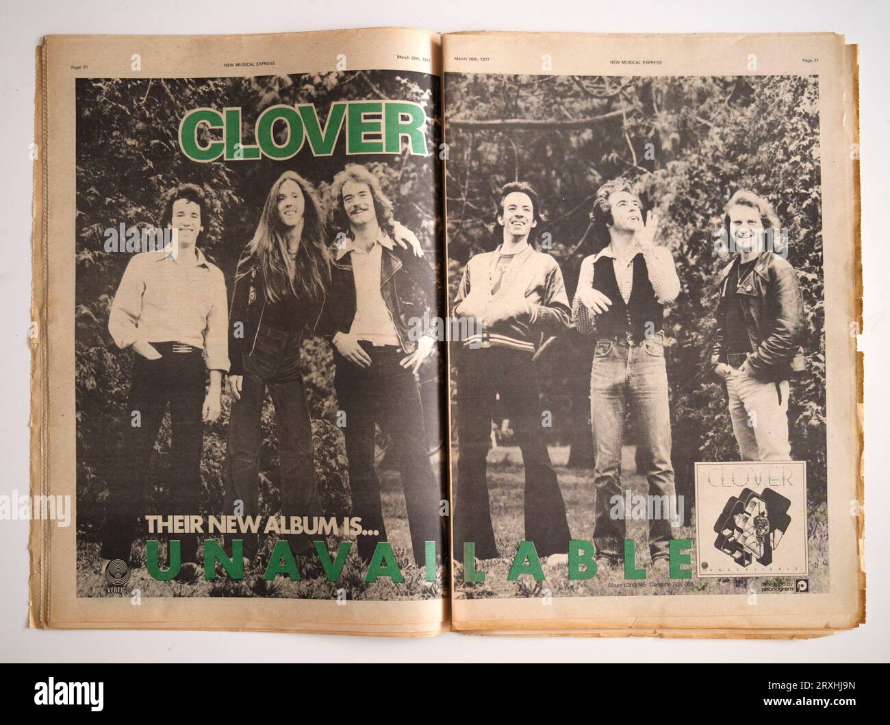 Werbung für die Gruppe CLOVER in der 1970er-Ausgabe des NME New Musical Express Music Paper Stockfoto