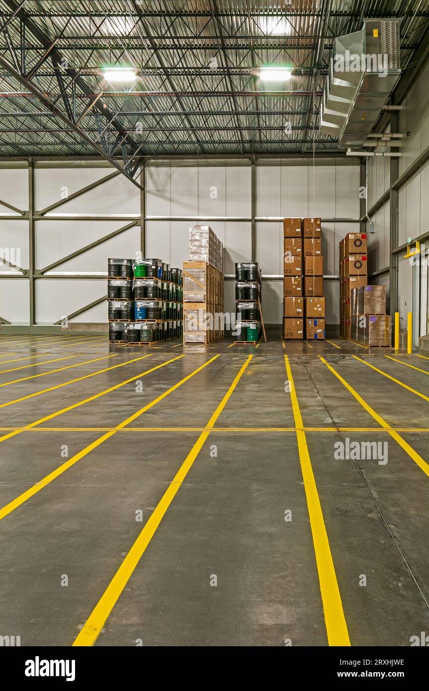 Innenraum eines großen neuen gewerblichen Kühlhauses (industrielle Kühlung), der den Betonboden mit gelben Lagerungslinien für die Lagerung zeigt. Stockfoto