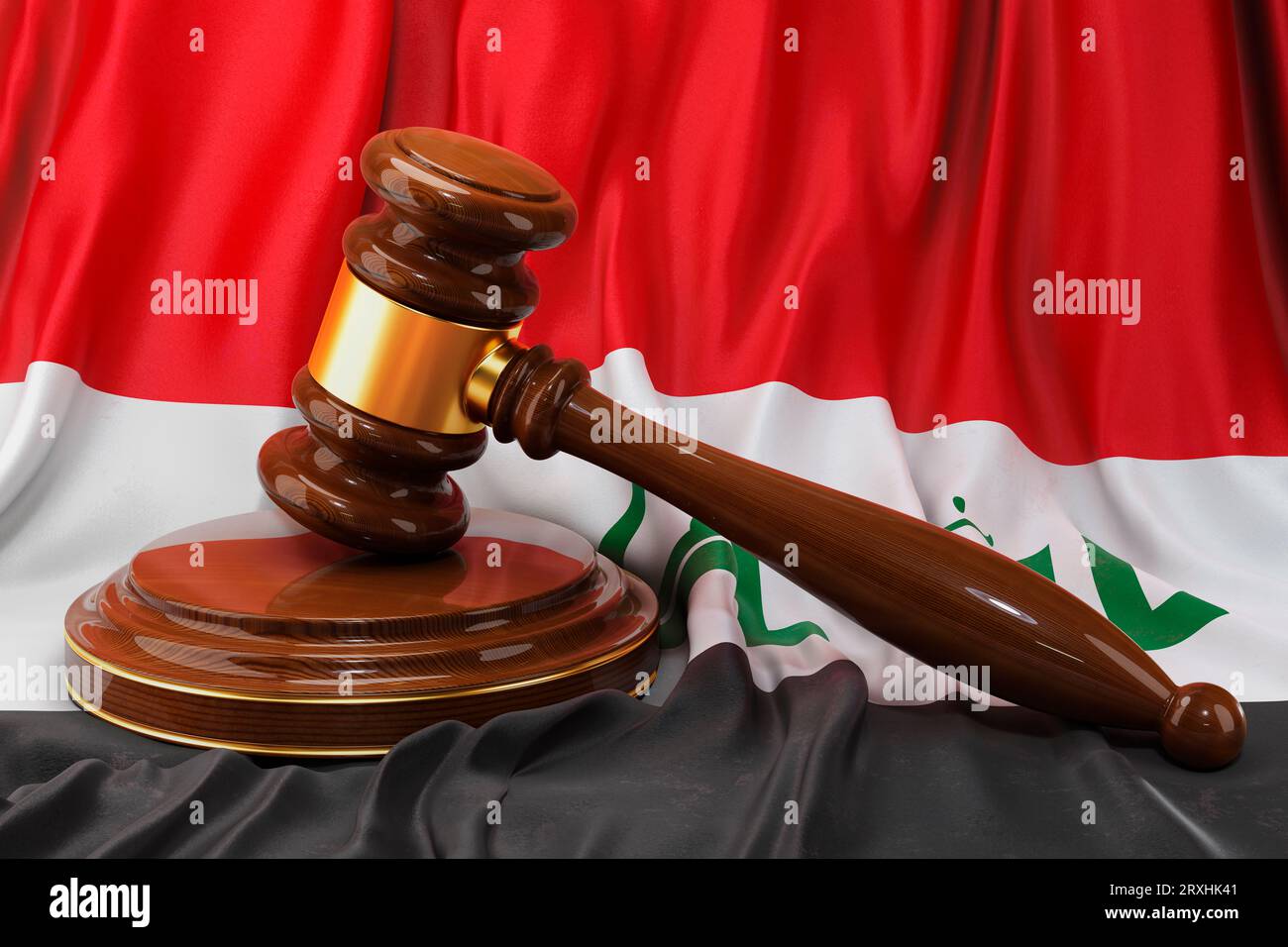 Irakisches Recht- und Justizkonzept. Holzgabel auf irakischer Flagge, 3D-Rendering Stockfoto
