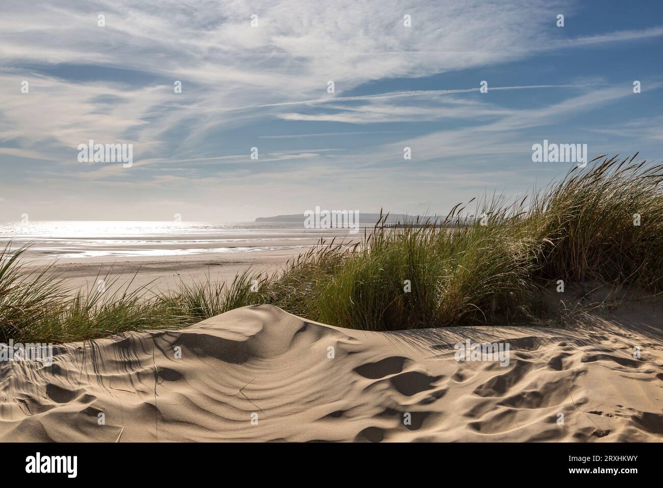 Blick auf marramgrasbedeckte Sanddünen in Richtung des Sandstrandes, bei Camber Sands an der Sussex Küste Stockfoto