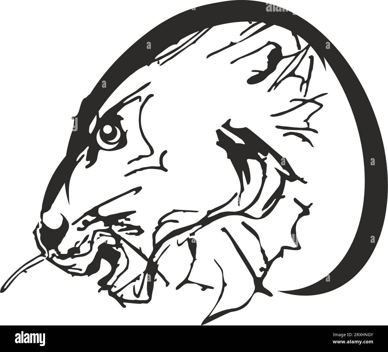 Schwarz-weißer Löwenkopf für Tattoos oder Drucke auf T-Shirts. Character Lion Profil für Stoffprodukte oder Tapeten, Logos, Textilien, Modetrends Stockfoto