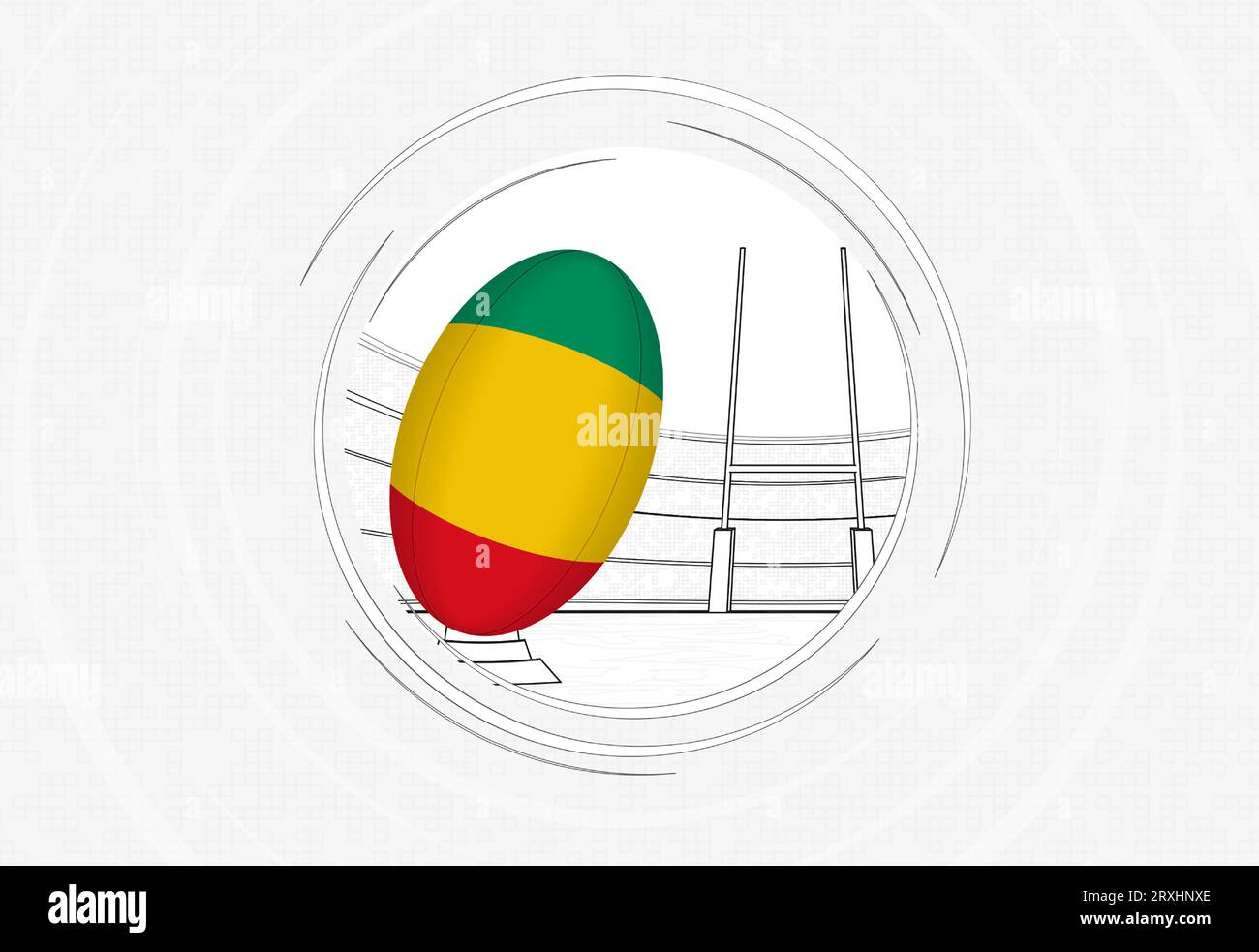 Guinea-Flagge auf dem Rugby-Ball, gefütterte Kreis-Rugby-Ikone mit Ball in einem überfüllten Stadion. Vektorsport-Emblem auf abstraktem Hintergrund. Stock Vektor