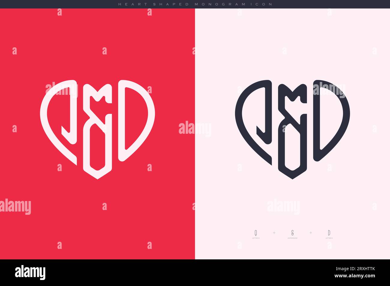 Initial QD Buchstaben mit rotem Herz und Love Logo flaches Symbol Monogramm Konzept Stock Vektor
