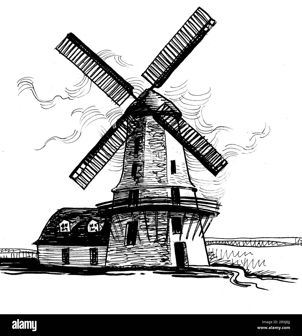 Alte Windmühle. Schwarz-weiß-Zeichnung Stockfoto