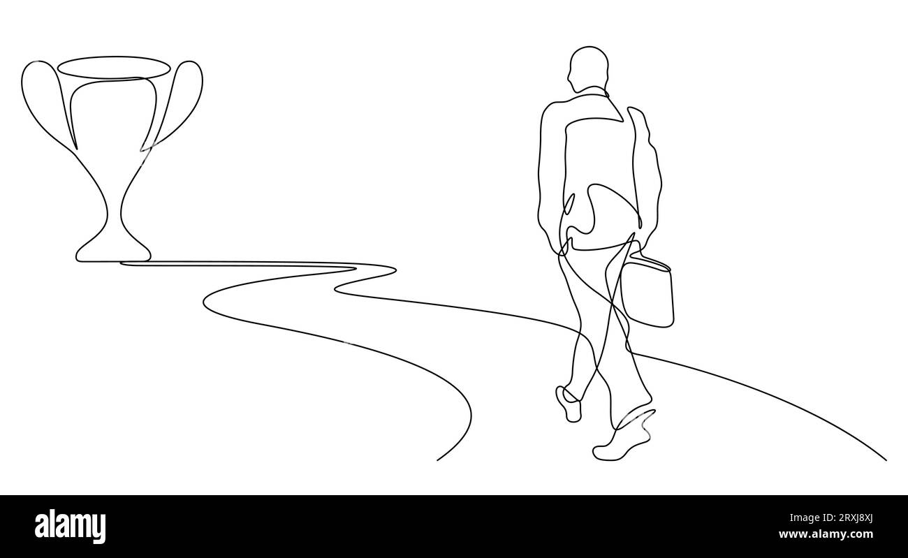 Business man Walking on the Road to Success Trophy Award in Continuous Line Drawing Vector Illustration Stock Vektor
