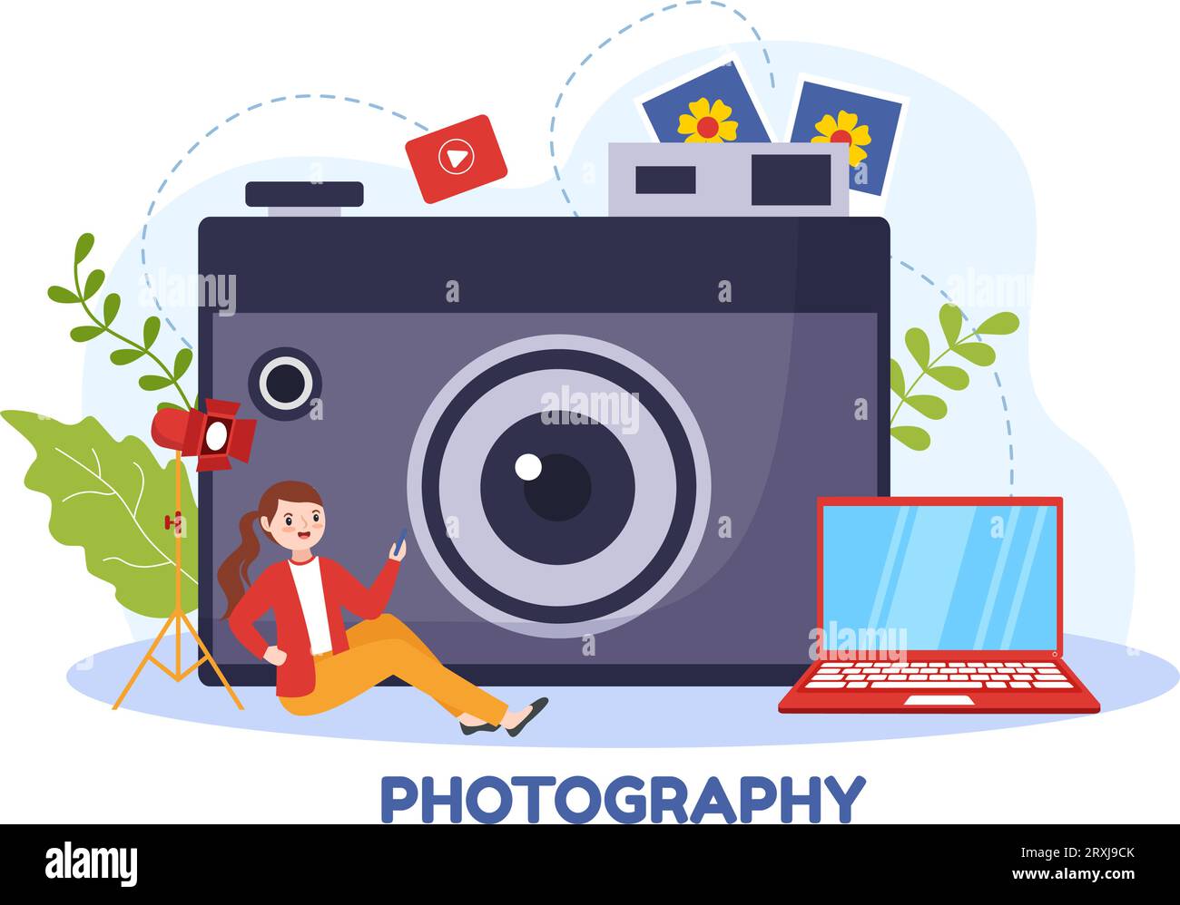 Fotografie Vektor Illustration mit Kamera und Ausrüstung, um Reisen, Tourismus, Abenteuer und Erinnerungen in einem flachen Cartoon Hintergrund Design zu erfassen Stock Vektor