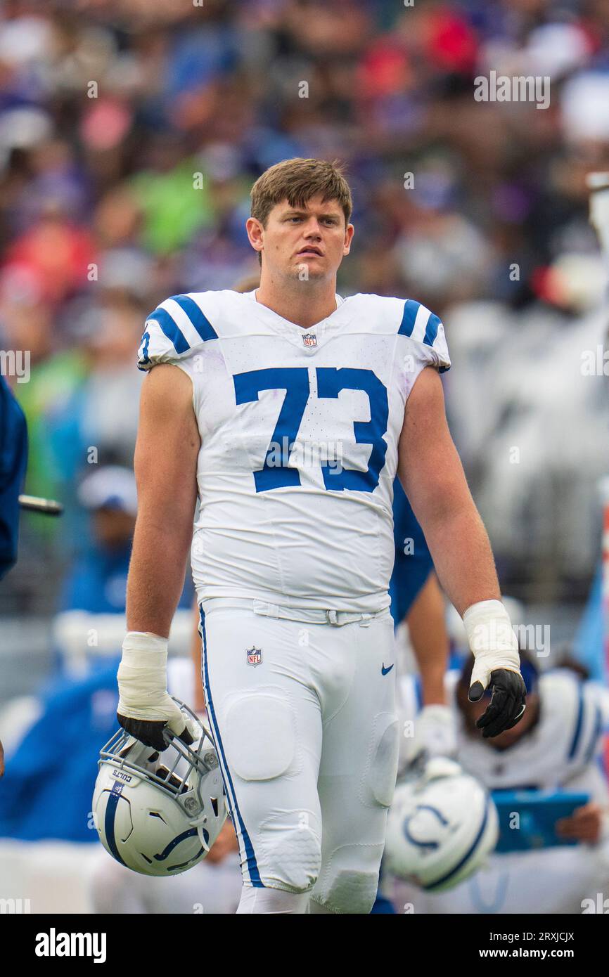 Indianapolis Colts offensive tackle Blake Freeland walks near the bench during the second half of an NFL football game between the Baltimore Ravens and the Indianapolis Colts, Sunday, Sept. 24, 2023, in Baltimore. The Colts won 22-19 in overtime. (AP Photo/Julio Cortez) Stockfoto