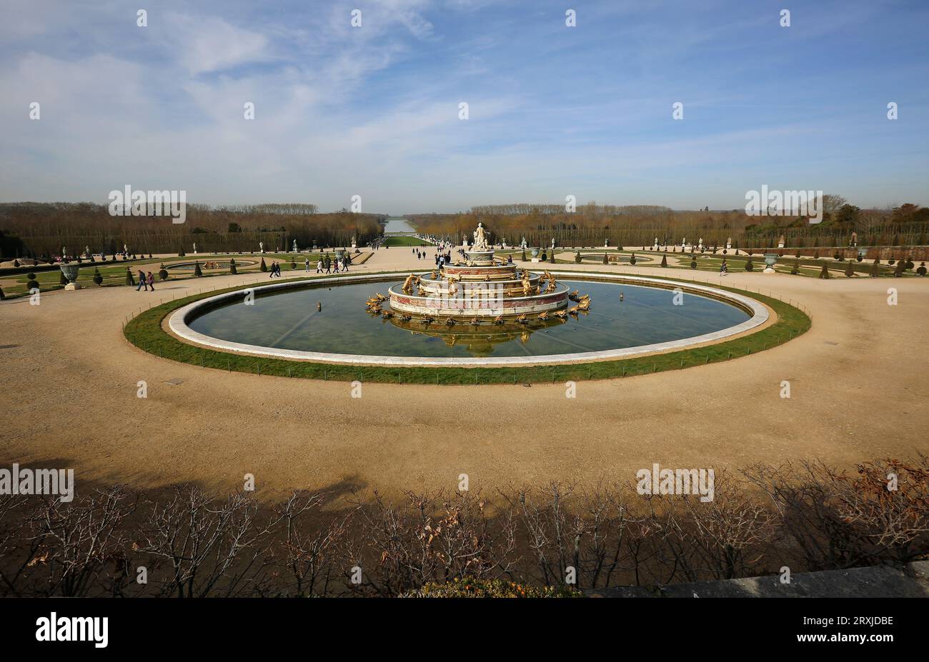 Panorama mit Latona-Brunnen - Schloss Versailles, Frankreich Stockfoto