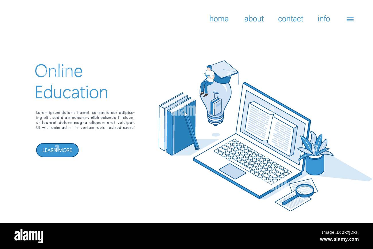 Landing-Page-Vorlage für Online-Schulungen, e-Learning und Konzept für Erwachsenenkurse. Sprachdistanz-Schule. Modernes 3D für Website, Bannerdesign, Video t Stock Vektor