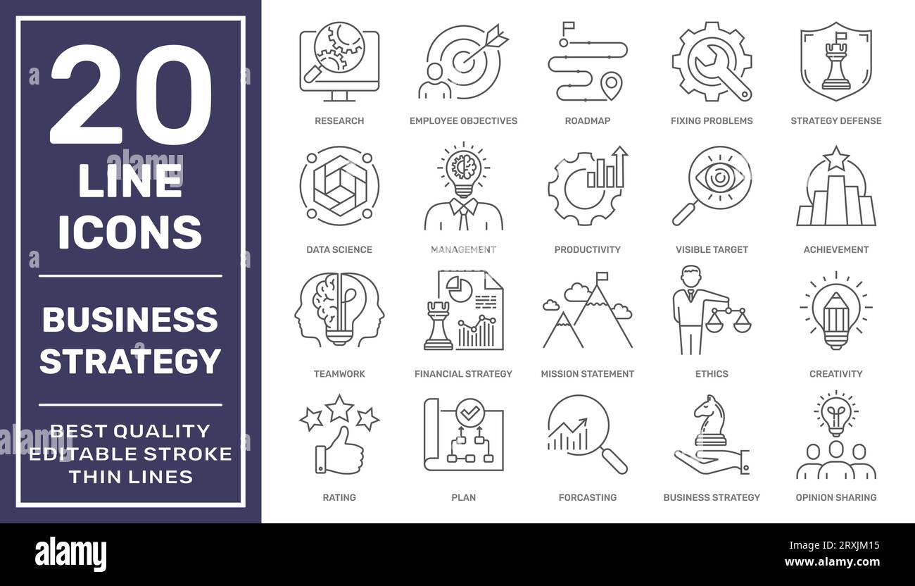 Die Symbole für Geschäftsstrategie und Verwaltung werden festgelegt. Thin Line Set enthält Vision, Mission, Werte, Strategie, Bewertung, Personalwesen, Roadmap, Erfahrung und Stock Vektor