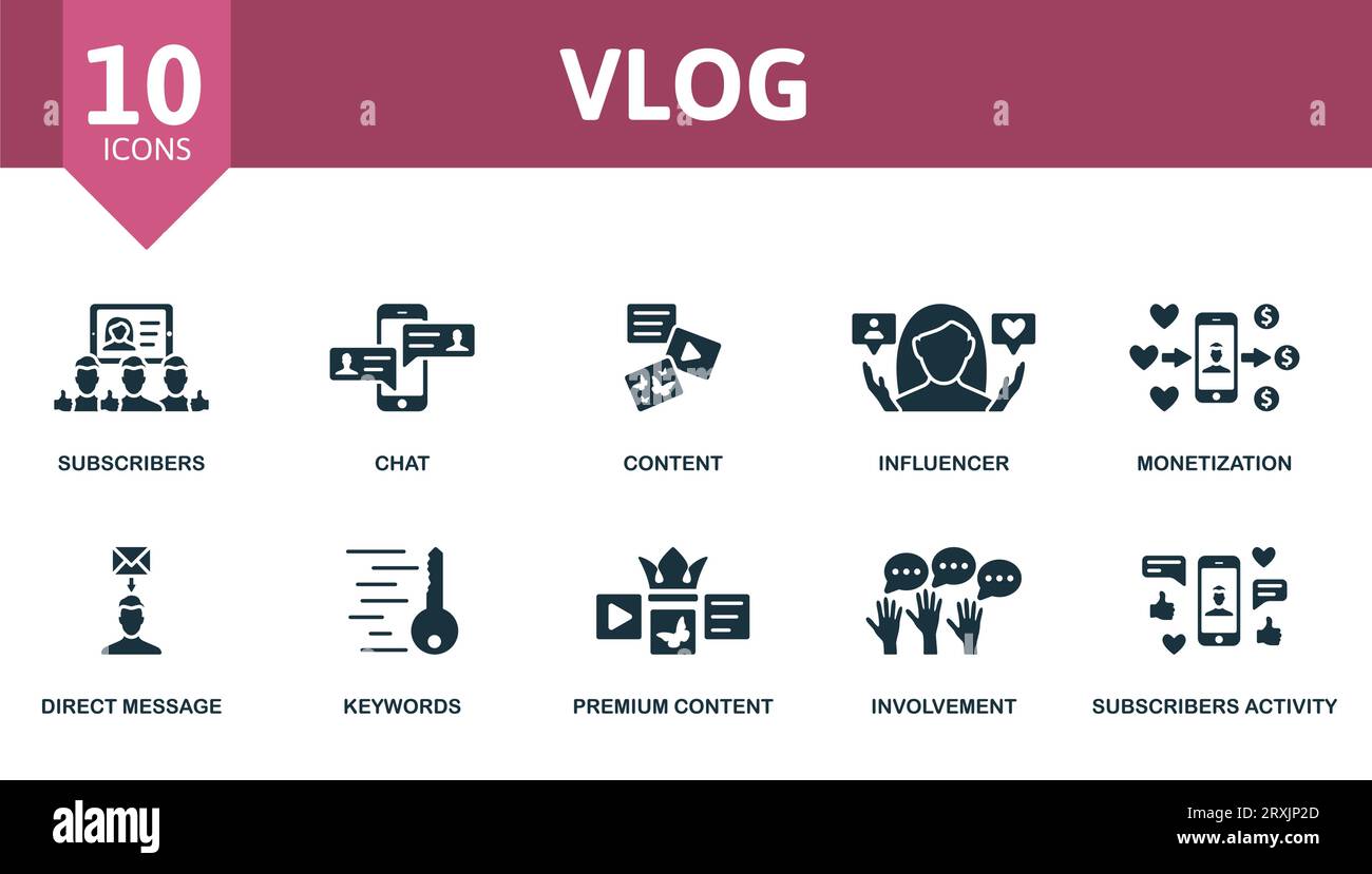 Vlog-Set. Kreative Symbole: Abonnenten, Chat, Inhalt, Influencer, Monetarisierung, direkte Nachrichten, Schlüsselwörter, Premium-Inhalte, Beteiligung, Abonnenten Stock Vektor