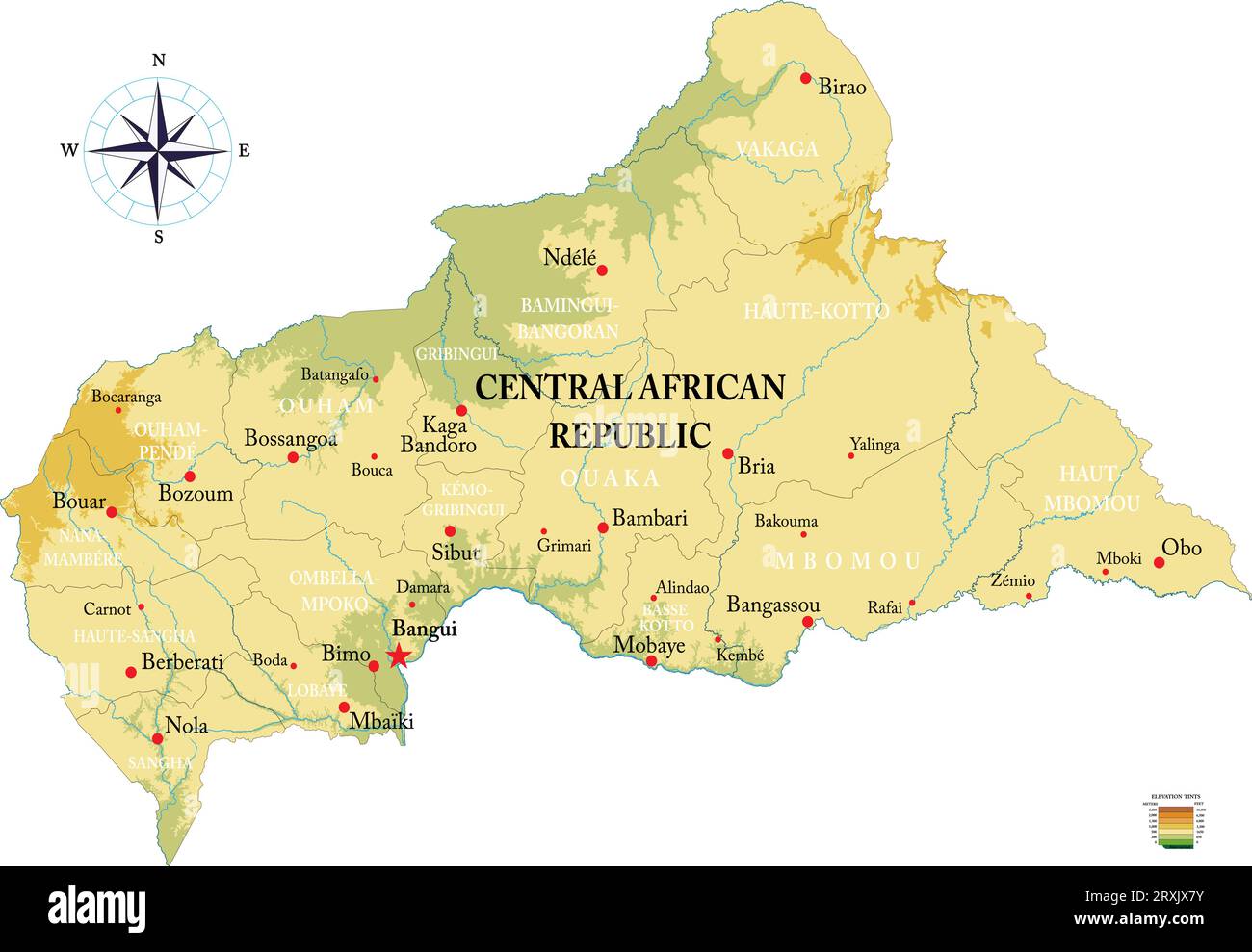 Sehr detaillierte physische Karte der Zentralafrikanischen Republik, im Vektorformat, mit allen Reliefformen, Regionen und Großstädten. Stock Vektor