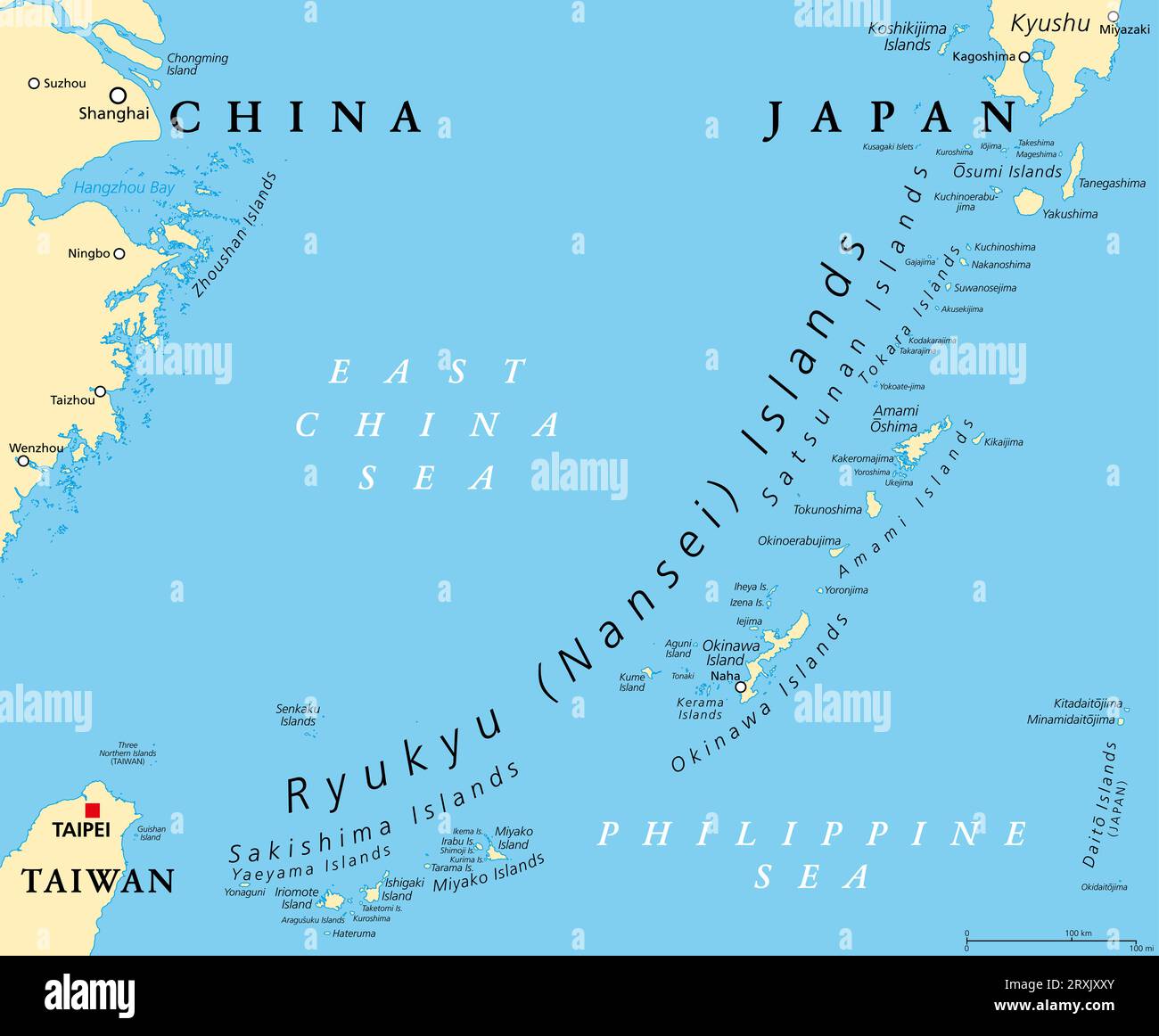 Ryukyu-Inseln, auch bekannt als Nansei-Inseln, politische Landkarte. Der Ryukyu Arc, eine japanische, meist vulkanische Inselkette, die sich von Kyushu bis Taiwan erstreckt. Stockfoto