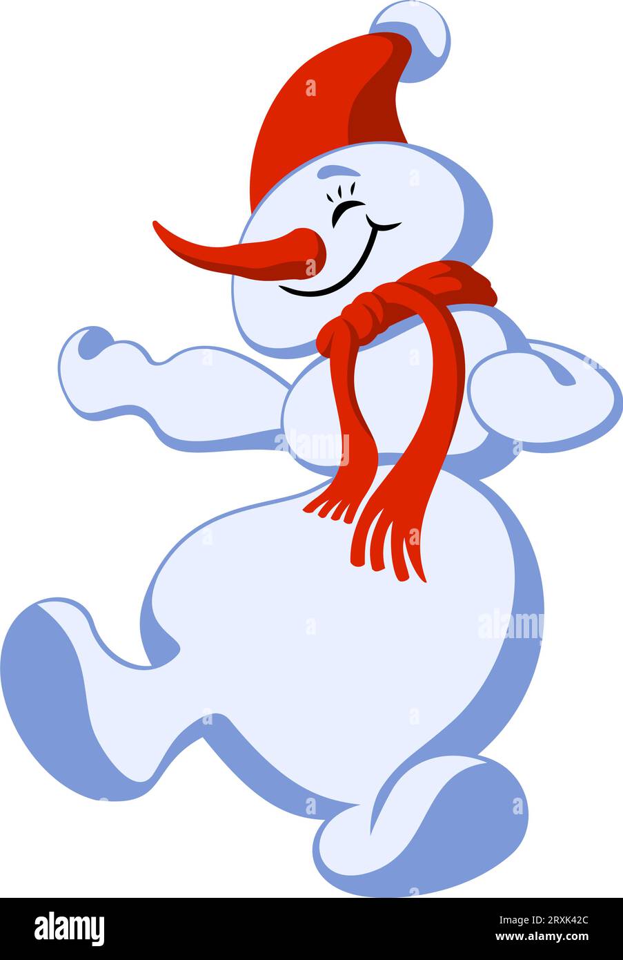 Lustiger Tanzender Schneemann. Zeichentrickfigur. Vektorklipart isoliert auf weiß. Stock Vektor