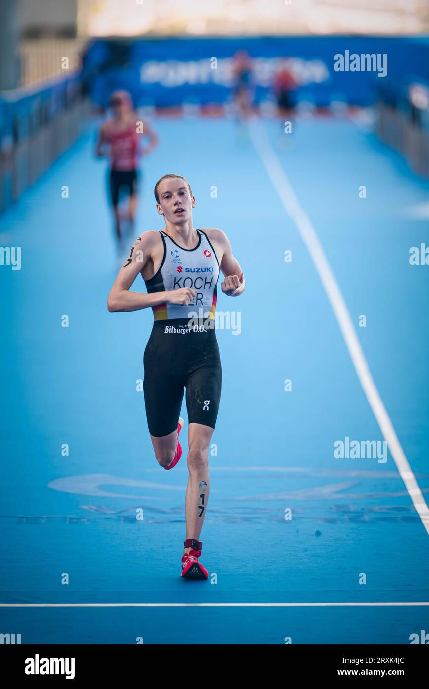 Annika Koch nahm an der Triathlon-Weltmeisterschaft 2023 in Pontevedra Teil. Stockfoto