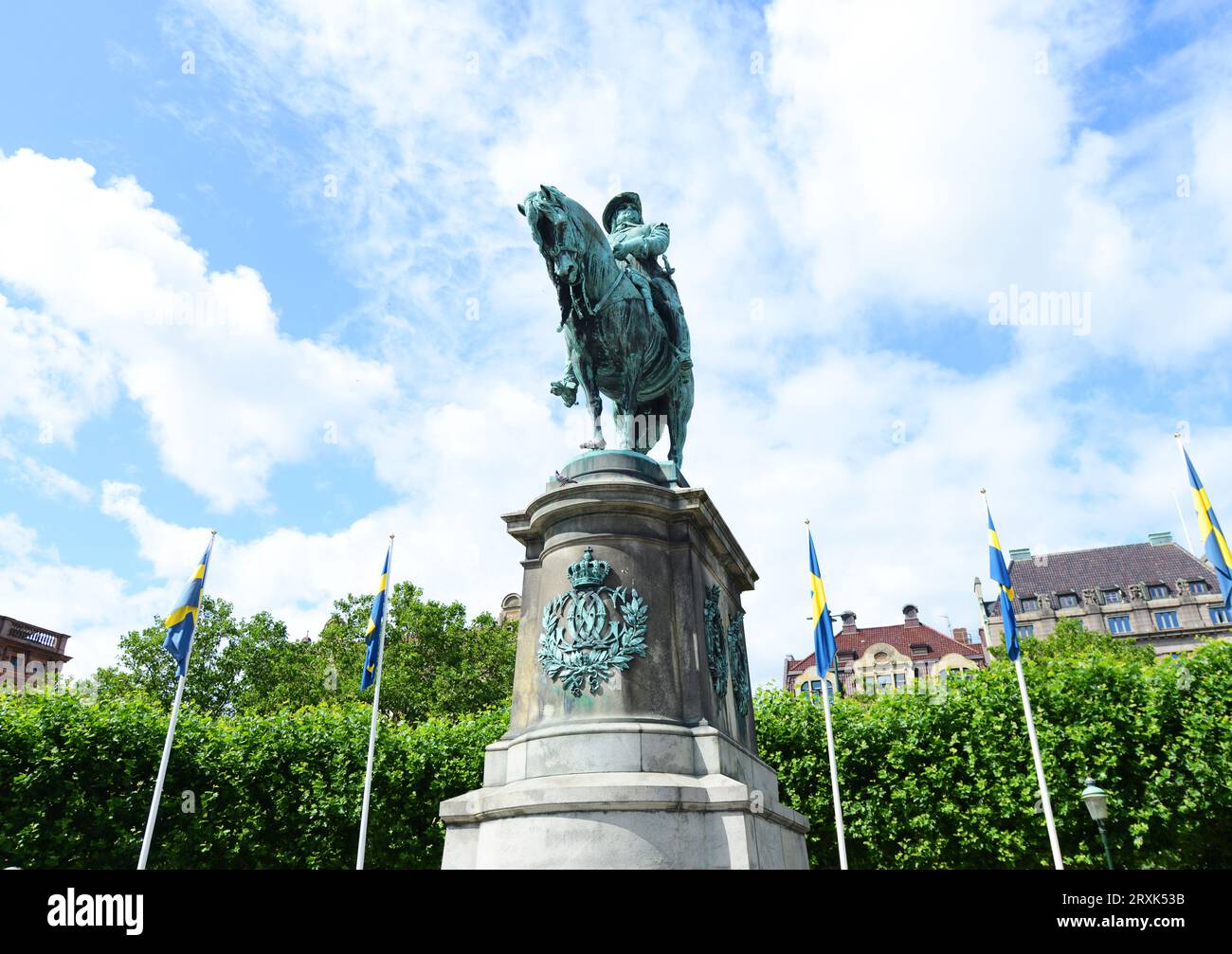 Reiterstatue von Karl X. Gustav ( König von Schweden 1654-1660 ) im Stortoget, Altstadt von Malmö, Schweden. Stockfoto