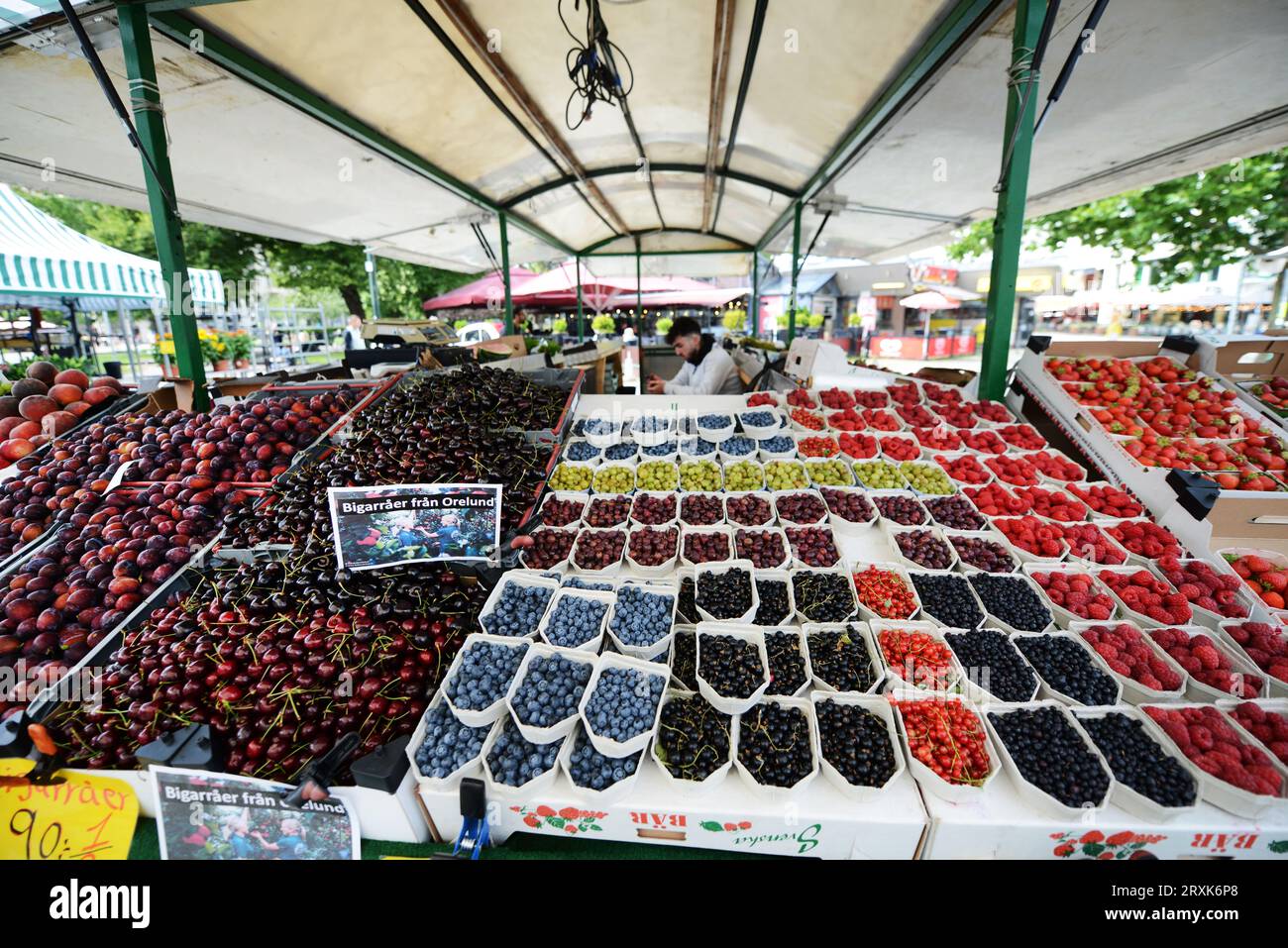 Ein Markt für frische Produkte im Gustav Adolfs torg in der historischen Altstadt von Malmö, Schweden. Stockfoto