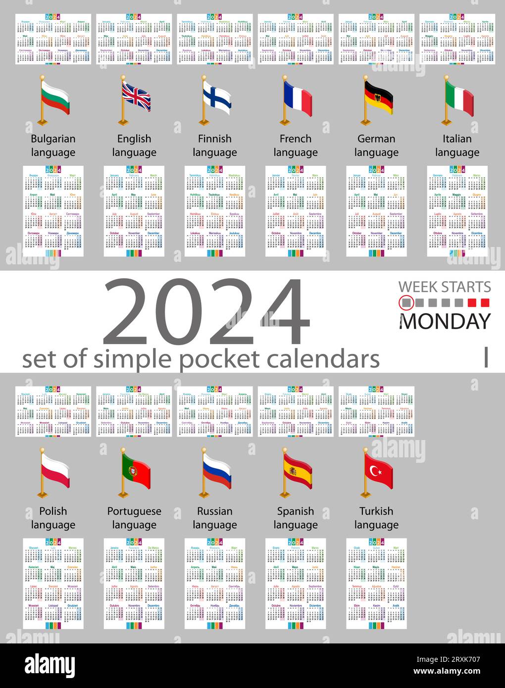 Horizontaler und vertikaler Taschenkalender für 2024 (zweitausend vierundzwanzig). Die Woche beginnt am Montag. Neujahr. Einfaches Farbdesign. Vektor Stock Vektor