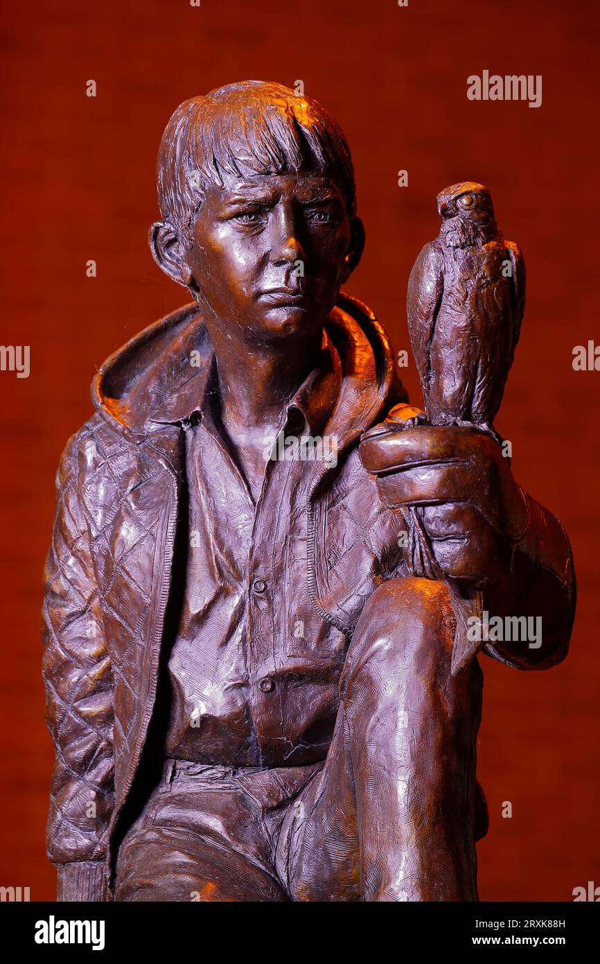 Eine Skulptur Billy Casper aus dem Film „Kes“, die in Barnsley zu Ehren des Drehbuchautors Barry Hines installiert wurde Stockfoto