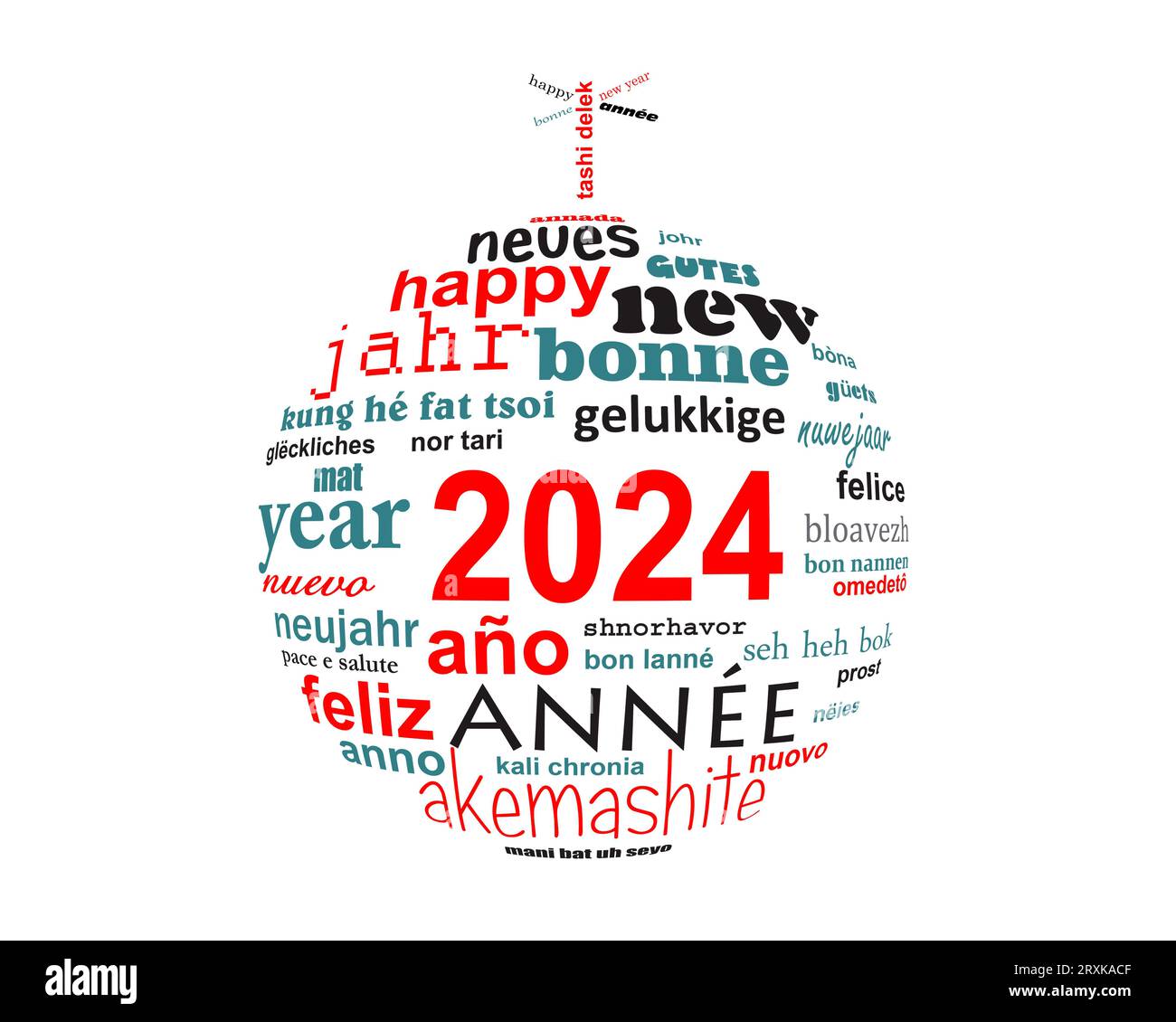 2024-jährige mehrsprachige Textwort-Cloud-Grußkarte in Form eines weihnachtskugels Stockfoto