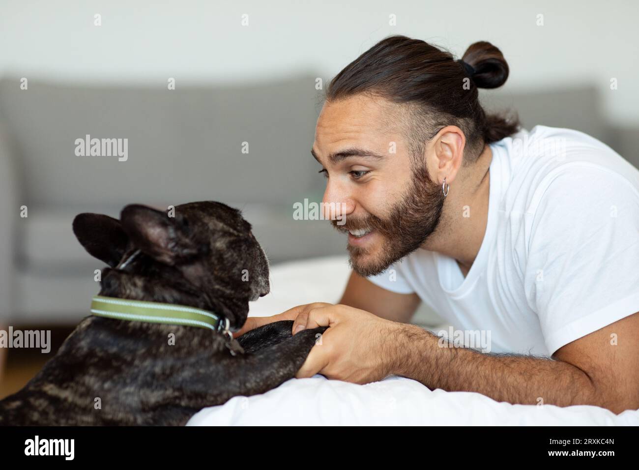 Mann, der morgens mit Hund im Bett spielt Stockfoto