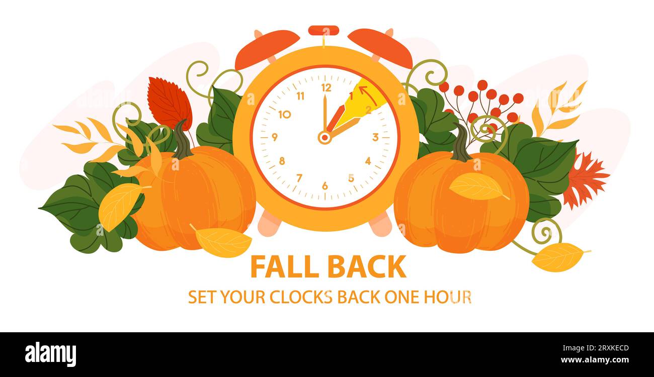 Fallback-Banner. Die Uhren um eine Stunde zurückwechseln. Die Sommerzeit endet im november. Herbsterinnerung mit Uhren und Kürbissen Stockfoto