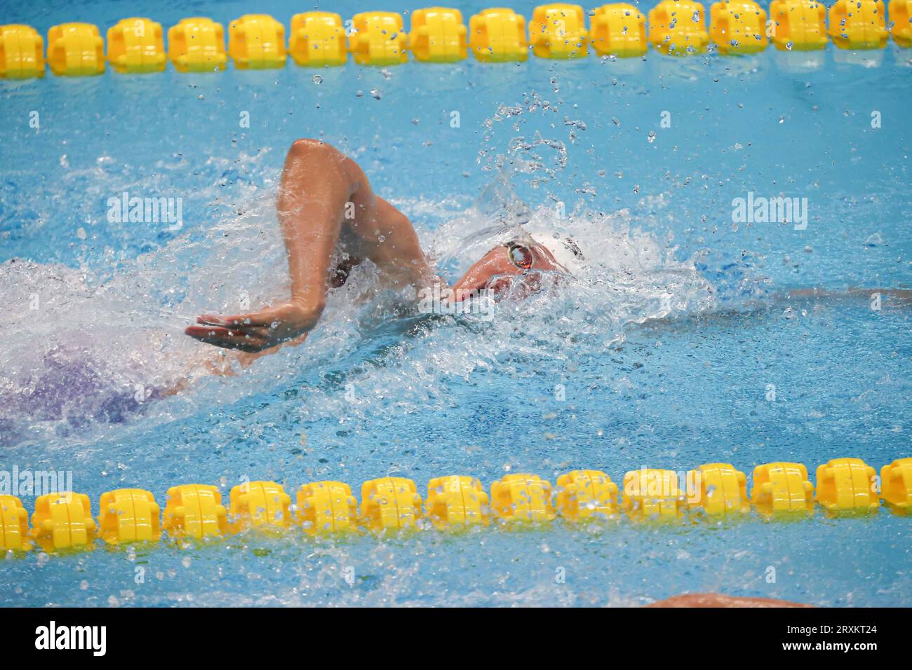 Südkorea gewinnt die Goldmedaille beim 4x200m-Freistil-Staffel für Männer in Hangzhou, ostchinesische Provinz Zhejiang, am 25. September 2023. Stockfoto